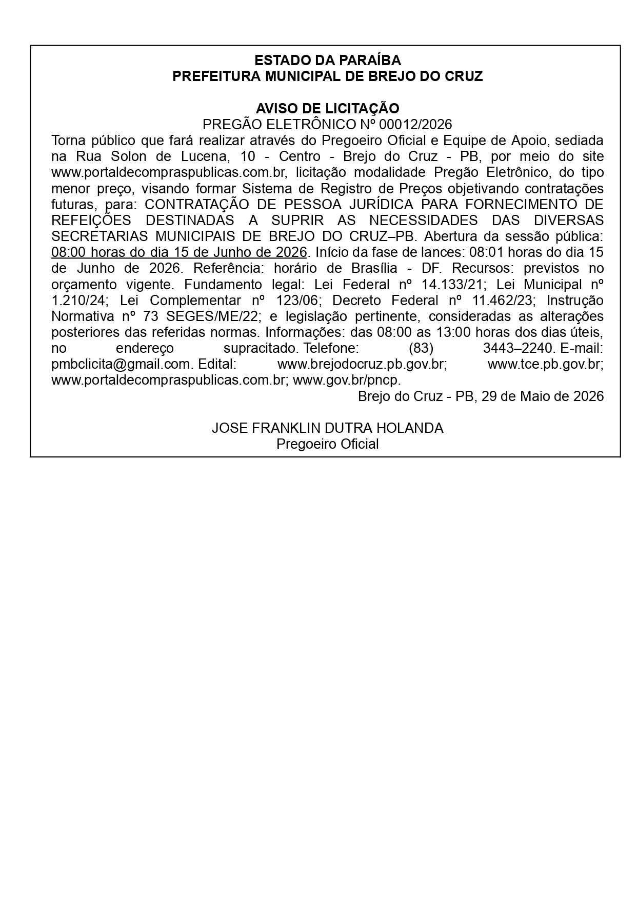 PREFEITURA MUNICIPAL DE BREJO DO CRUZ – AVISO DE LICITAÇÃO PREGÃO ELETRÔNICO Nº 00012/2026