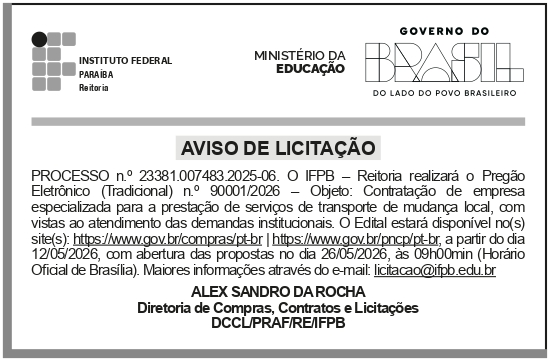 IFPB – PB – JOÃO PESSOA – REITORIA  – EDITAL – PREGÃO ELETRÔNICO n.o 90001/2026 – REITORIA IFPB