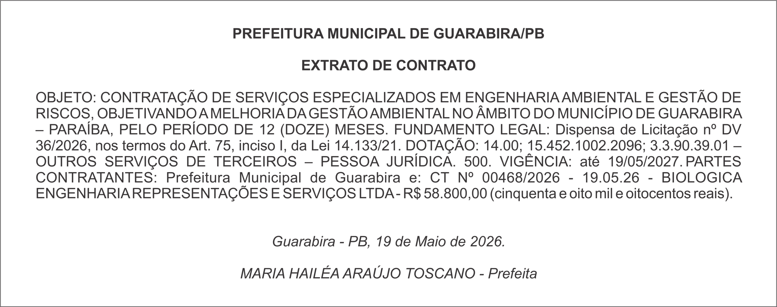 PREFEITURA MUNICIPAL DE GUARABIRA/PB – EXTRATO DE CONTRATO