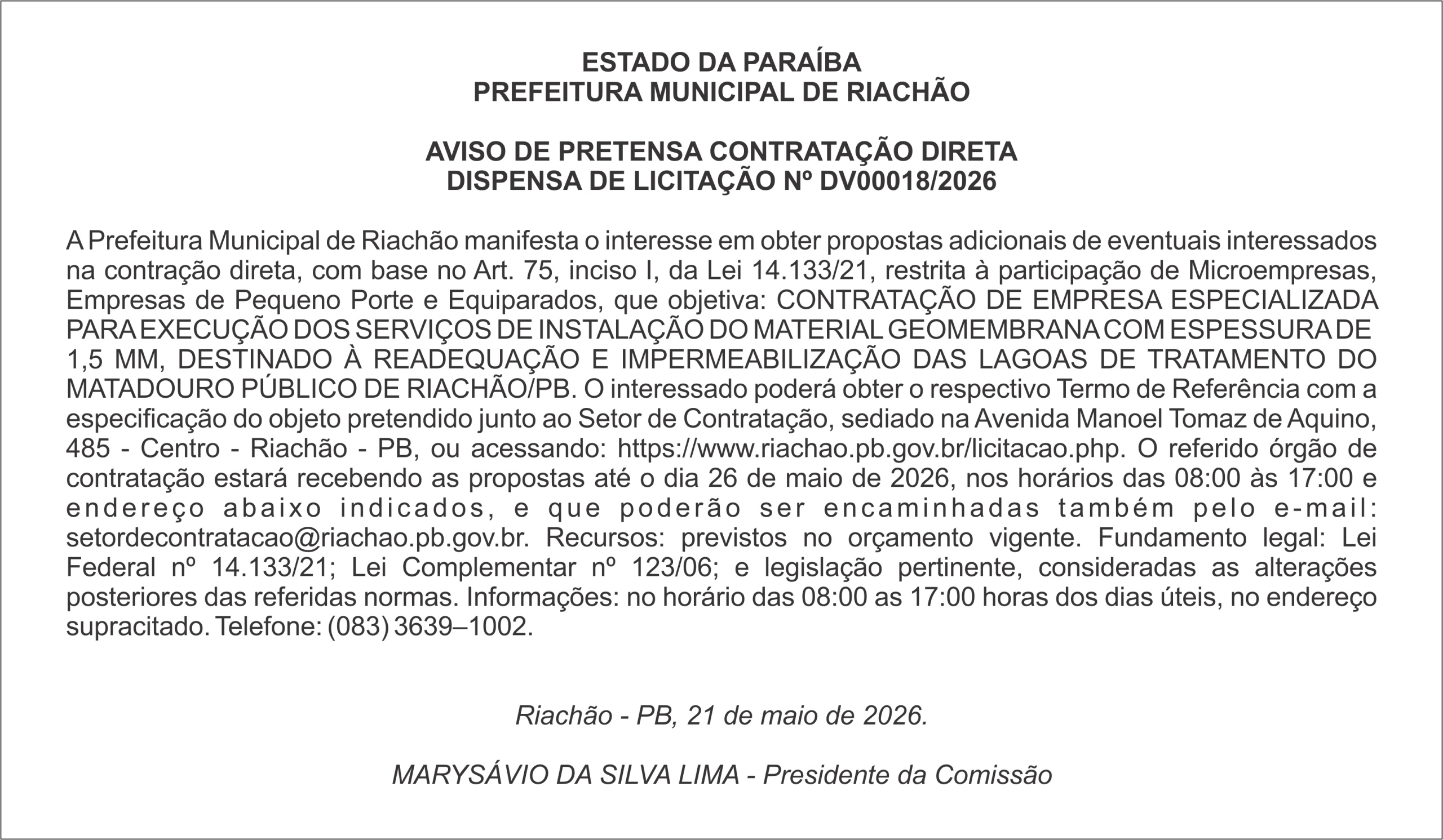 PREFEITURA MUNICIPAL DE RIACHÃO – AVISO DE PRETENSA CONTRATAÇÃO DIRETA