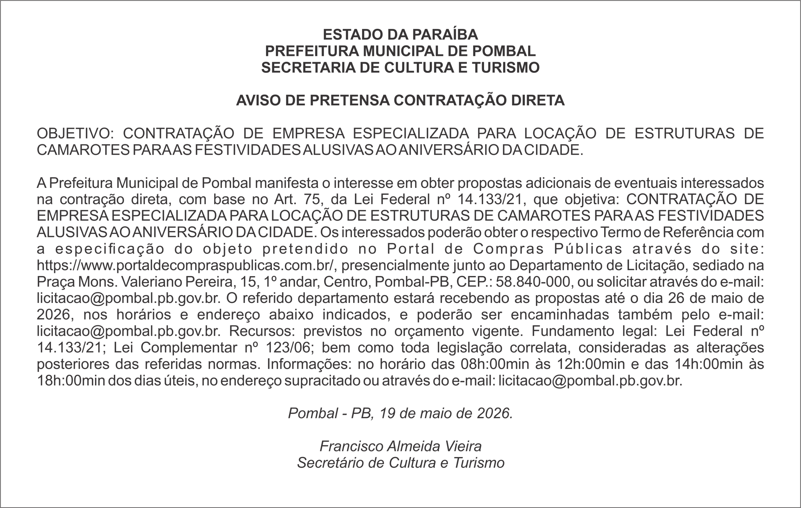 PREFEITURA MUNICIPAL DE POMBAL – AVISO DE PRETENSA CONTRATAÇÃO DIRETA