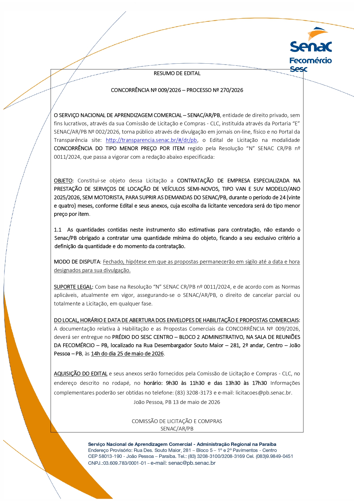 SENAC – RESUMO DE EDITAL  – CONCORRÊNCIA N° 009/2026 – PROCESSO No 270/2026