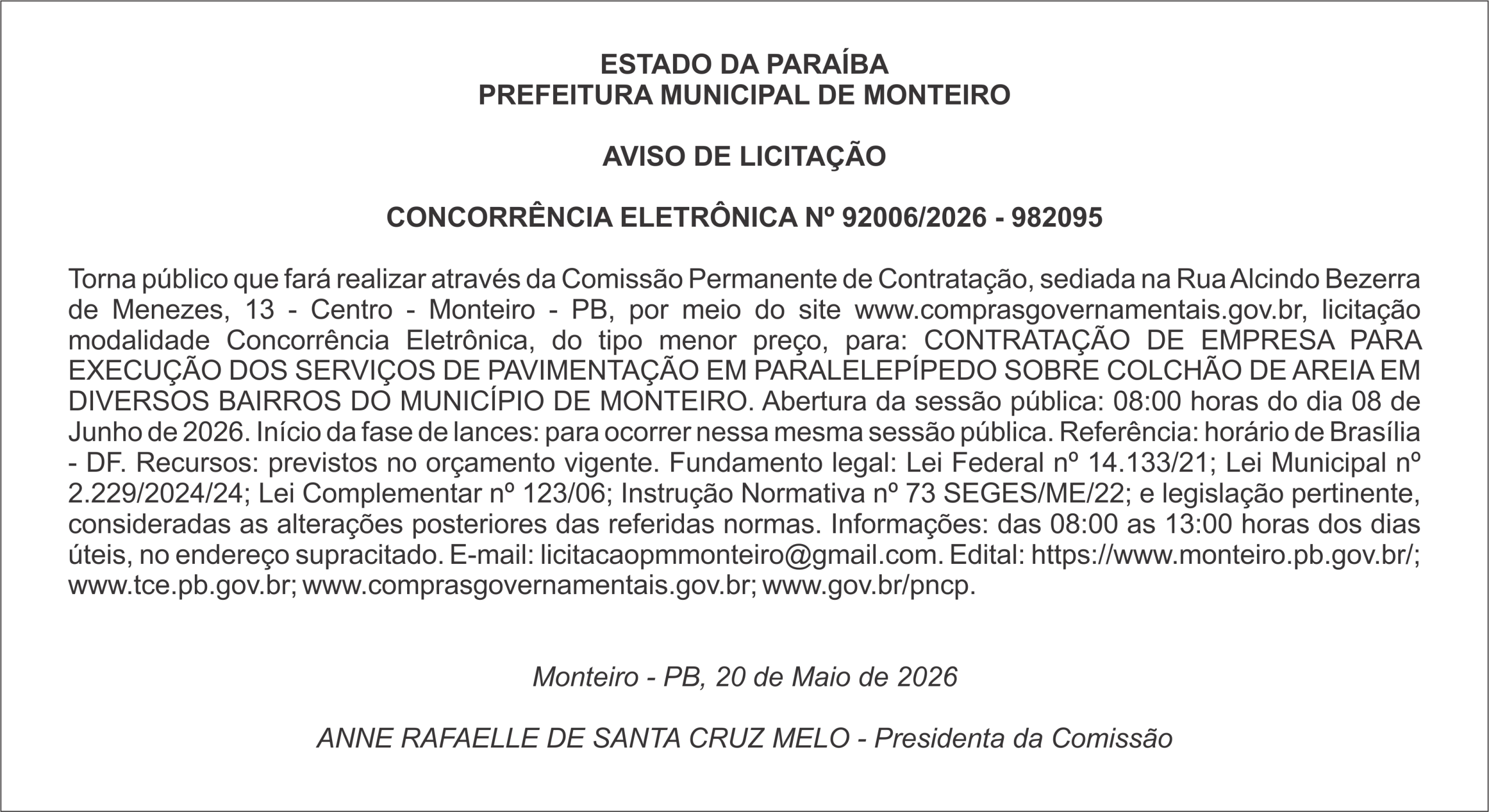 PREFEITURA MUNICIPAL DE MONTEIRO – AVISO DE LICITAÇÃO  CONCORRÊNCIA ELETRÔNICA Nº 92006/2026 – 982095