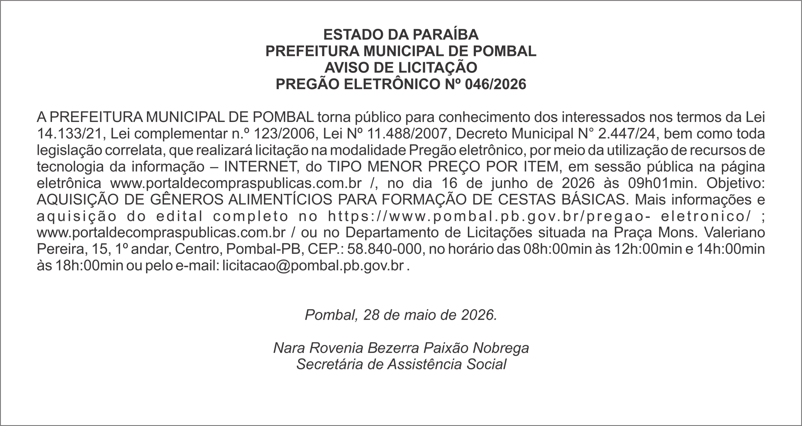 PREFEITURA MUNICIPAL DE POMBAL – AVISO DE LICITAÇÃO – PREGÃO ELETRÔNICO Nº 046/2026