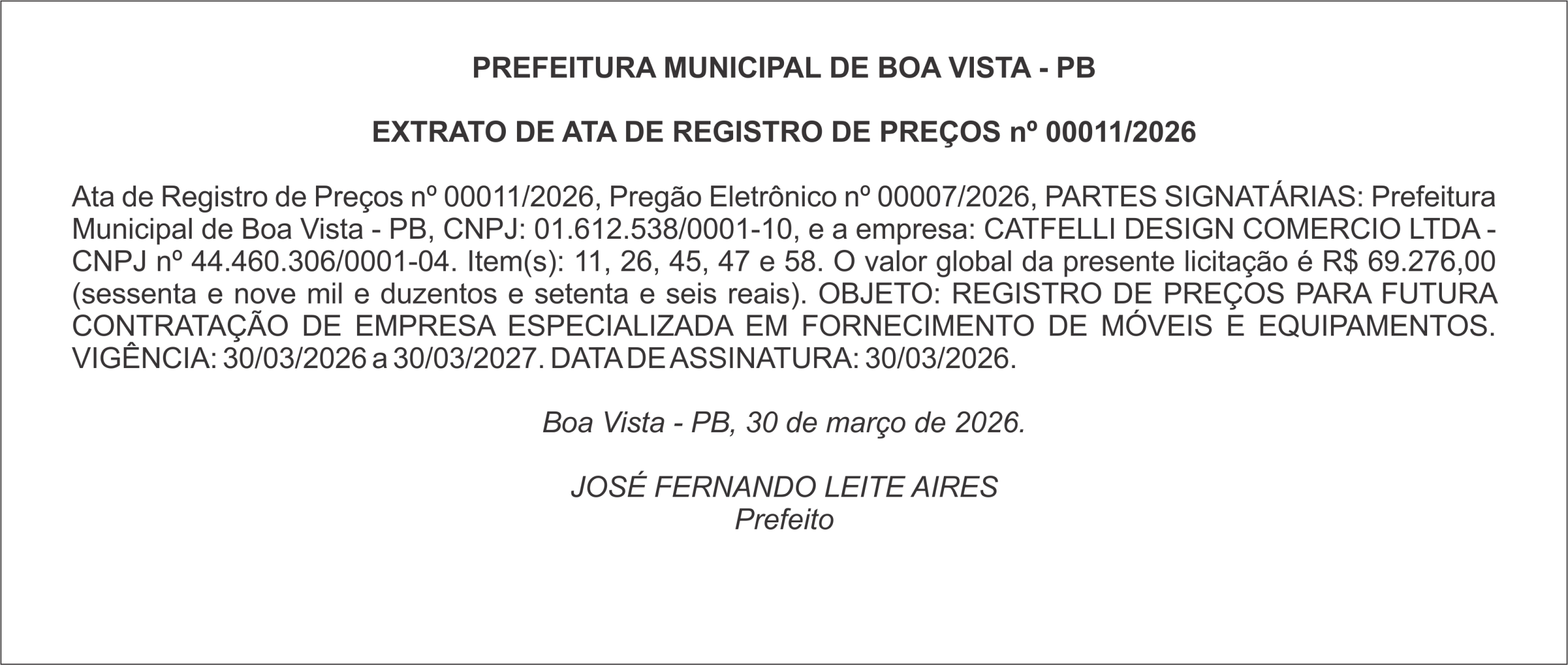PREFEITURA MUNICIPAL DE BOA VISTA – PB – EXTRATO DE ATA DE REGISTRO DE PREÇOS nº 011/2026