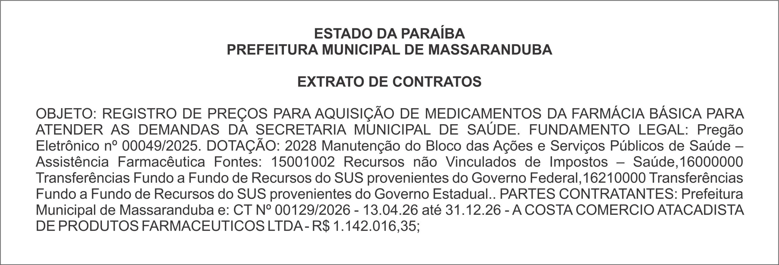 PREFEITURA MUNICIPAL DE MASSARANDUBA – EXTRATO DE CONTRATOS