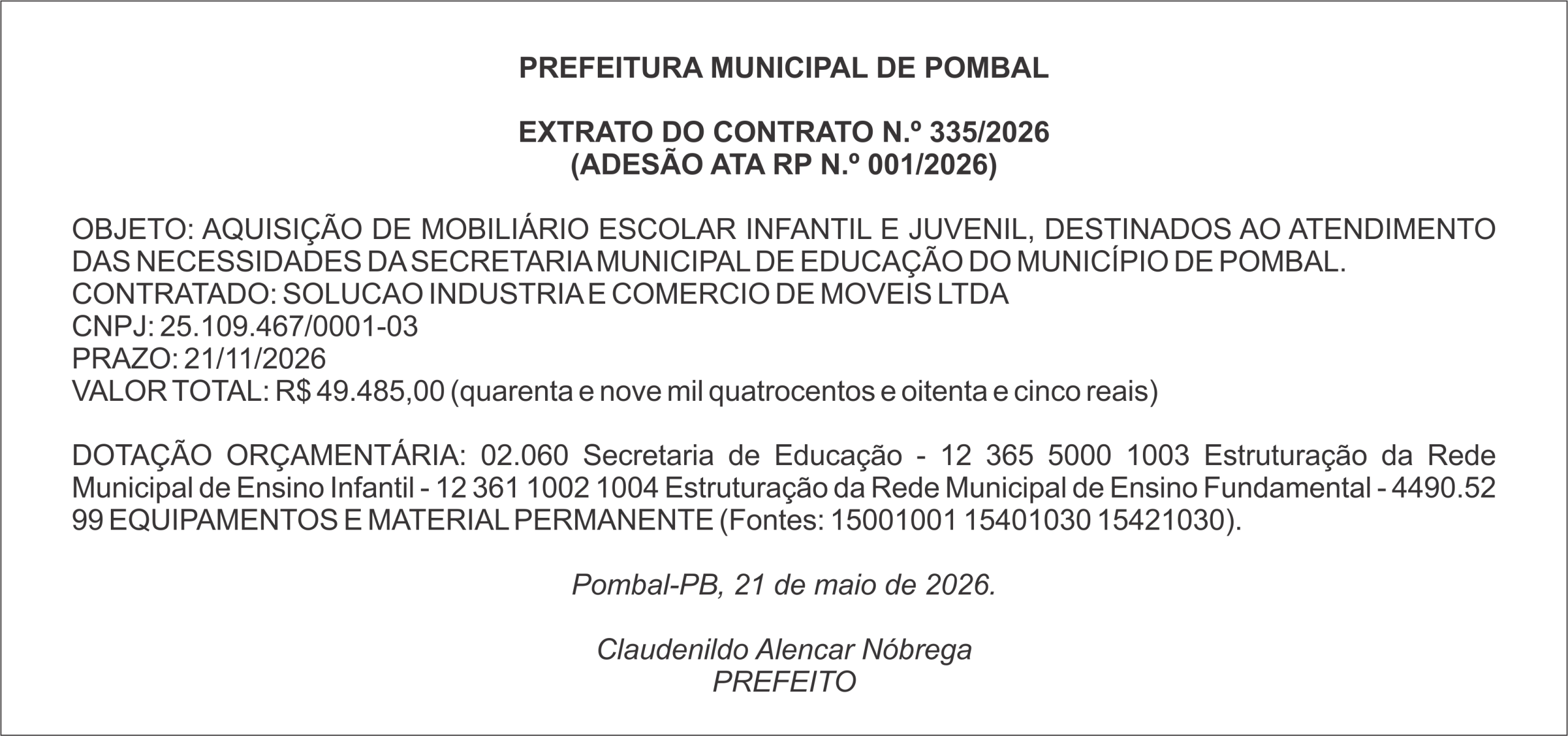 PREFEITURA MUNICIPAL DE POMBAL – EXTRATO DO CONTRATO N.º 335/2026 (ADESÃO ATA RP N.º 001/2026)