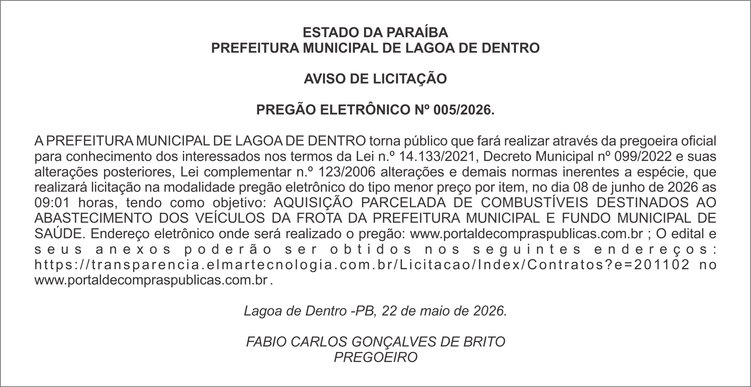 PREFEITURA MUNICIPAL DE LAGOA DE DENTRO – AVISO DE LICITAÇÃO  PREGÃO ELETRÔNICO Nº 005/2026.