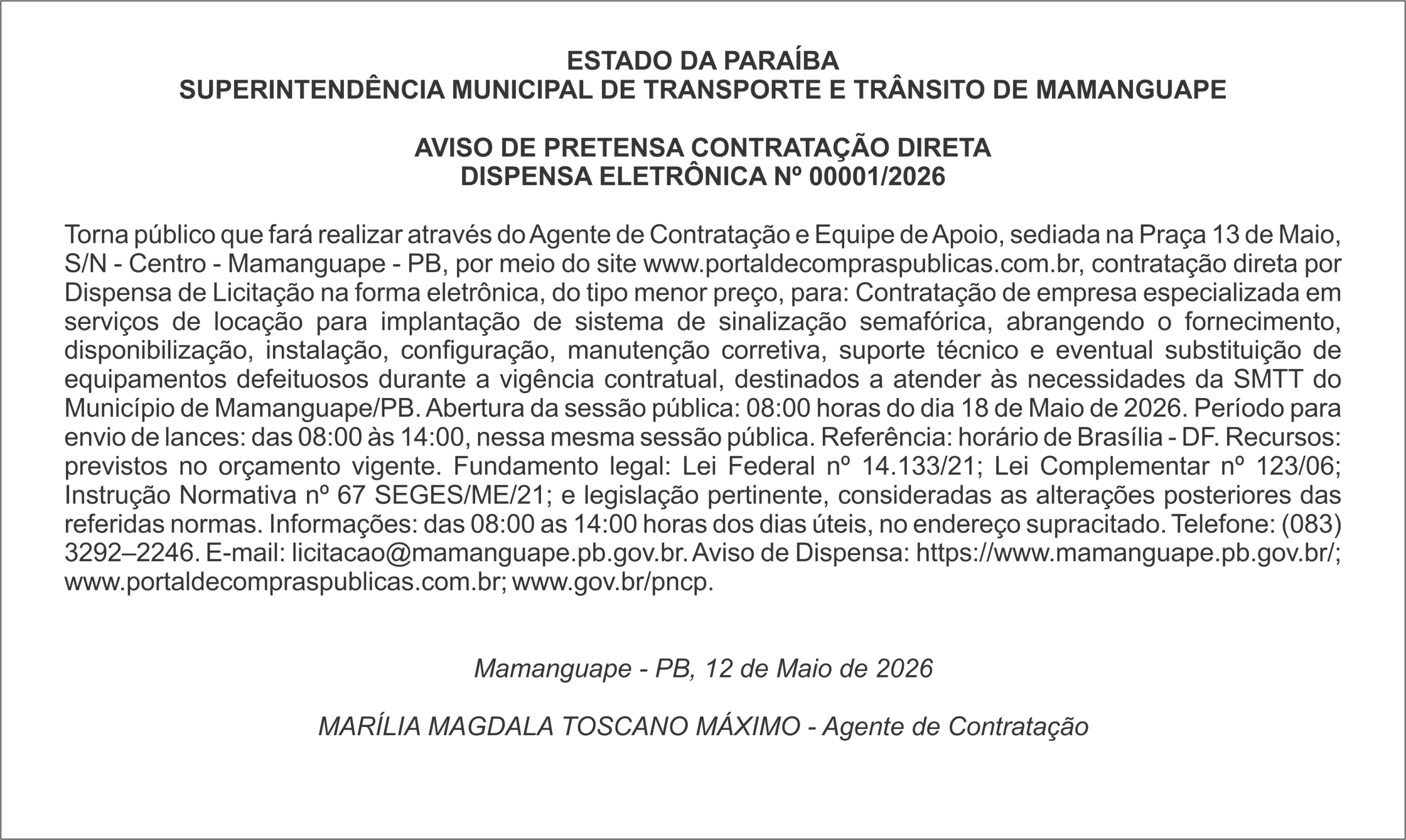 PREFEITURA DE MAMANGUAPE – AVISO DE PRETENSA CONTRATAÇÃO DIRETA – DISPENSA ELETRÔNICA Nº 00001/2026