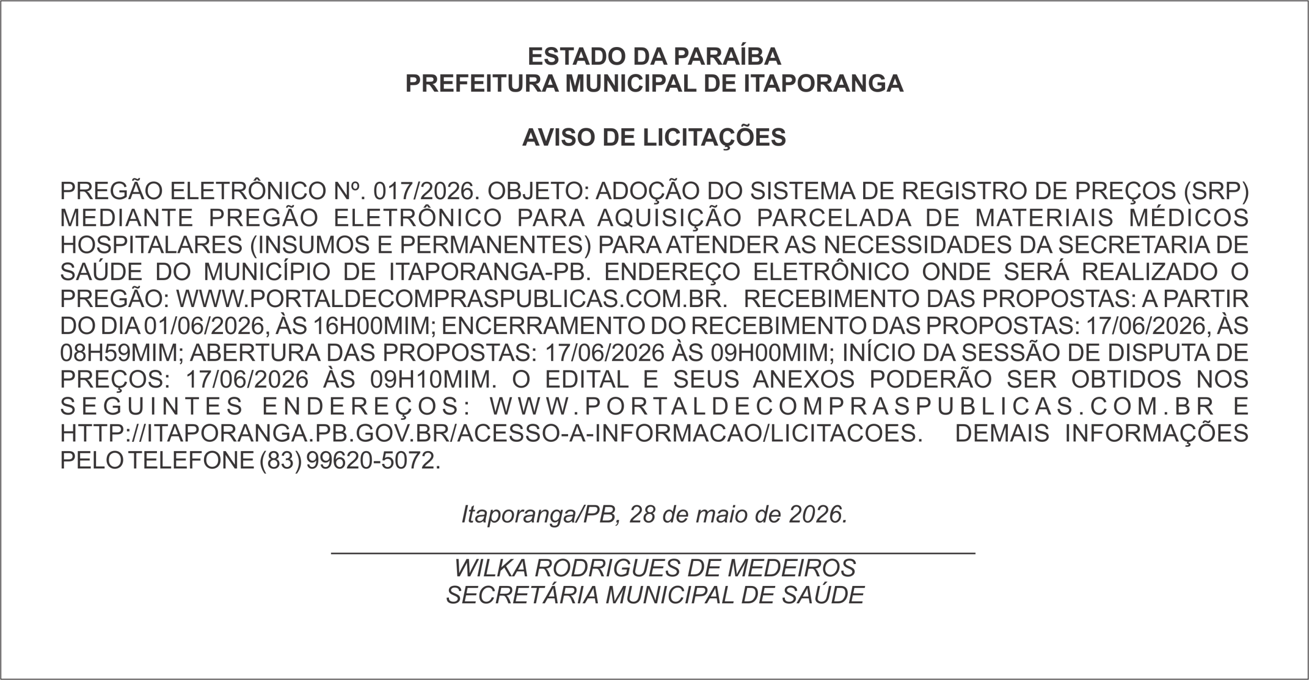 PREFEITURA MUNICIPAL DE ITAPORANGA – AVISO DE LICITAÇÕES – PREGÃO ELETRÔNICO Nº. 017/2026