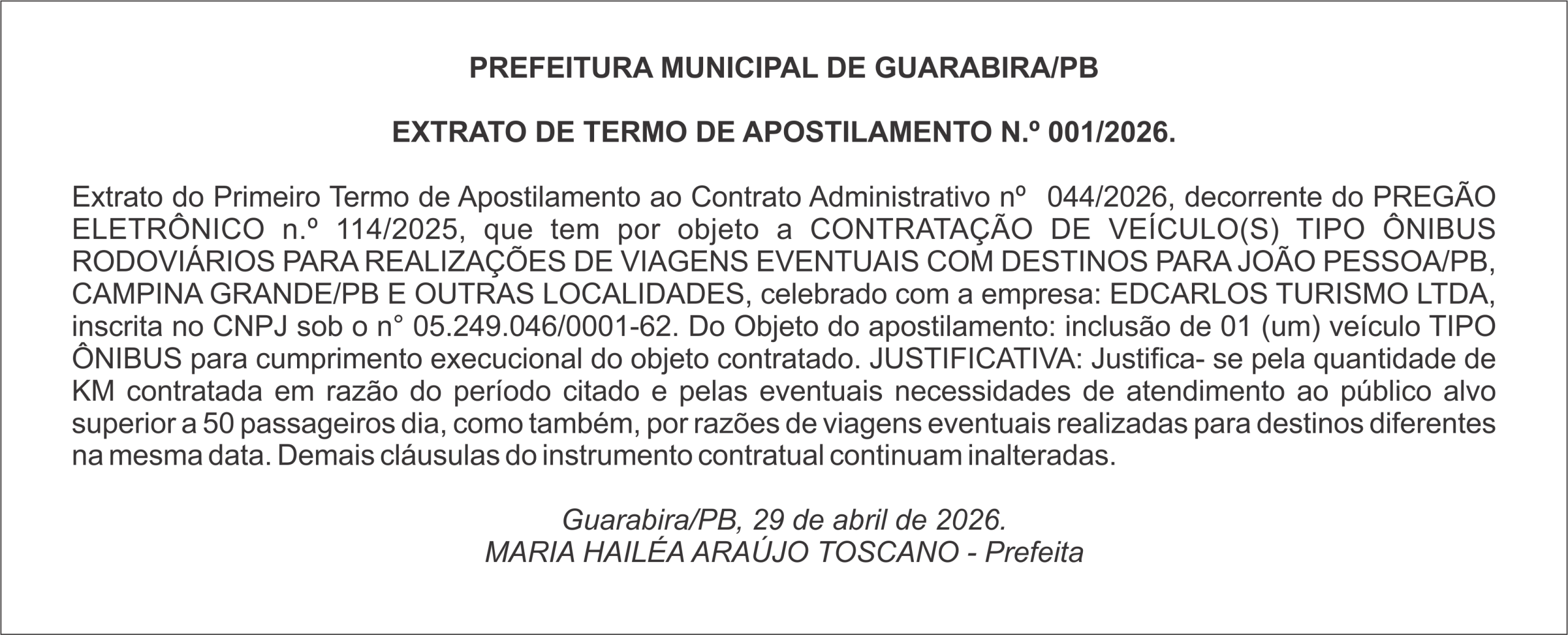 PREFEITURA MUNICIPAL DE GUARABIRA/PB EXTRATO DE TERMO DE APOSTILAMENTO N.º 001/2026.