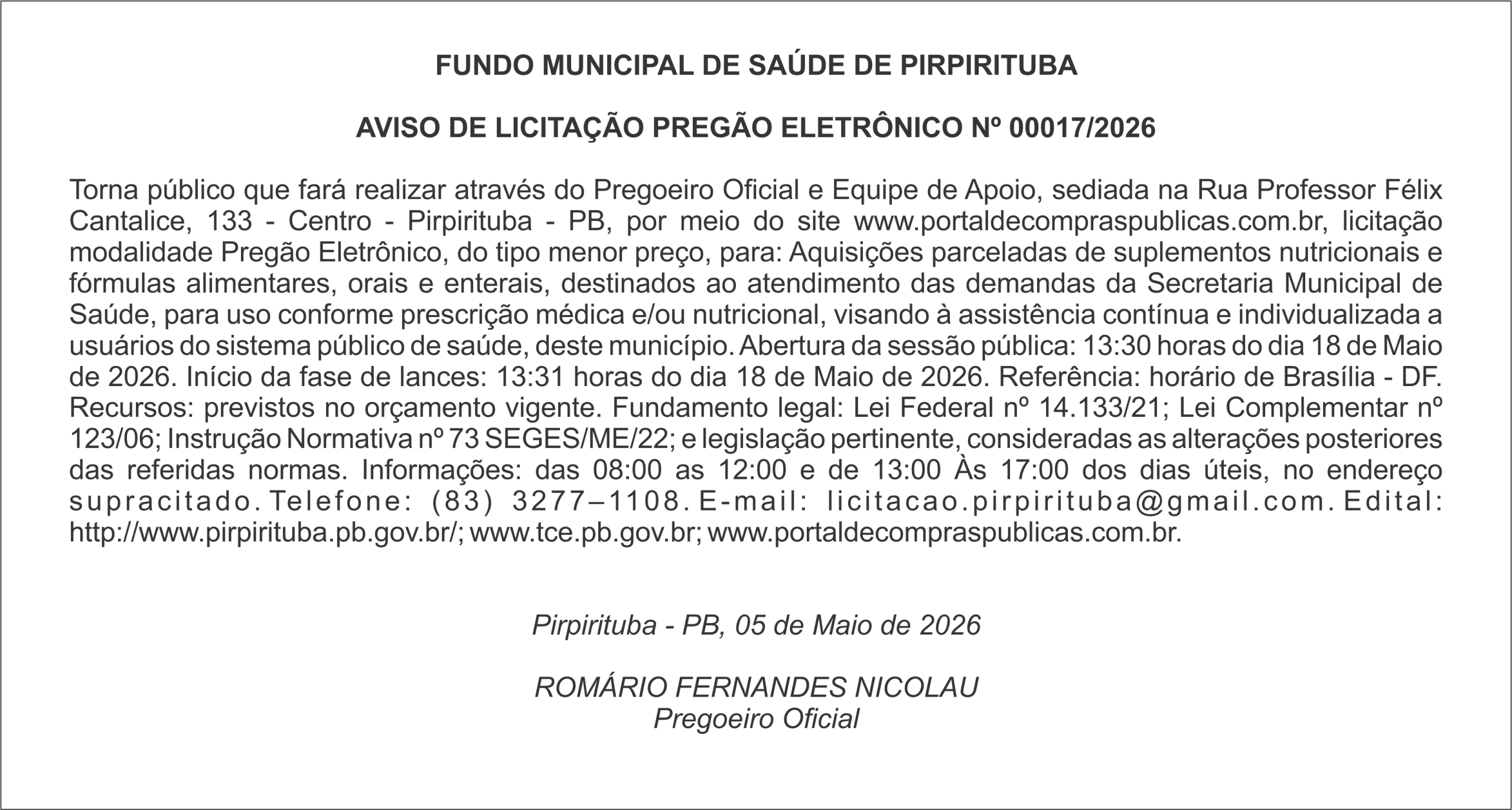 FUNDO MUNICIPAL DE SAÚDE DE PIRPIRITUBA  – AVISO DE LICITAÇÃO – PREGÃO ELETRÔNICO Nº 00017/2026