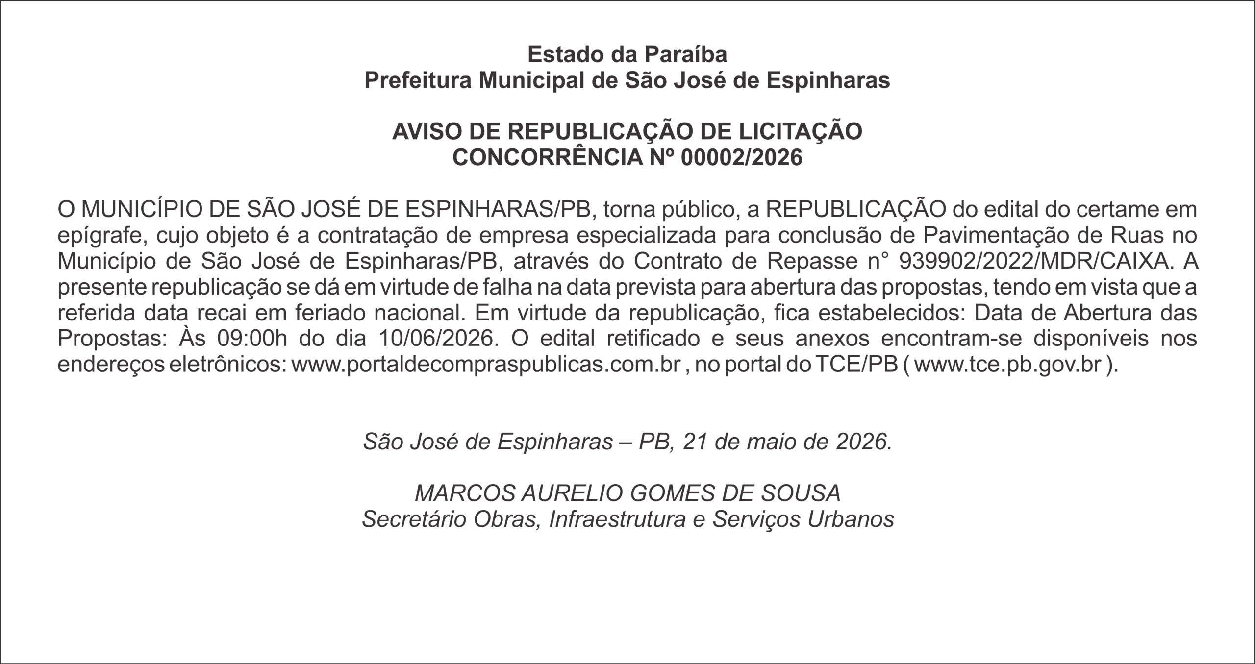 PREFEITURA DE SÃO JOSÉ DE ESPINHARAS – AVISO DE REPUBLICAÇÃO DE LICITAÇÃO