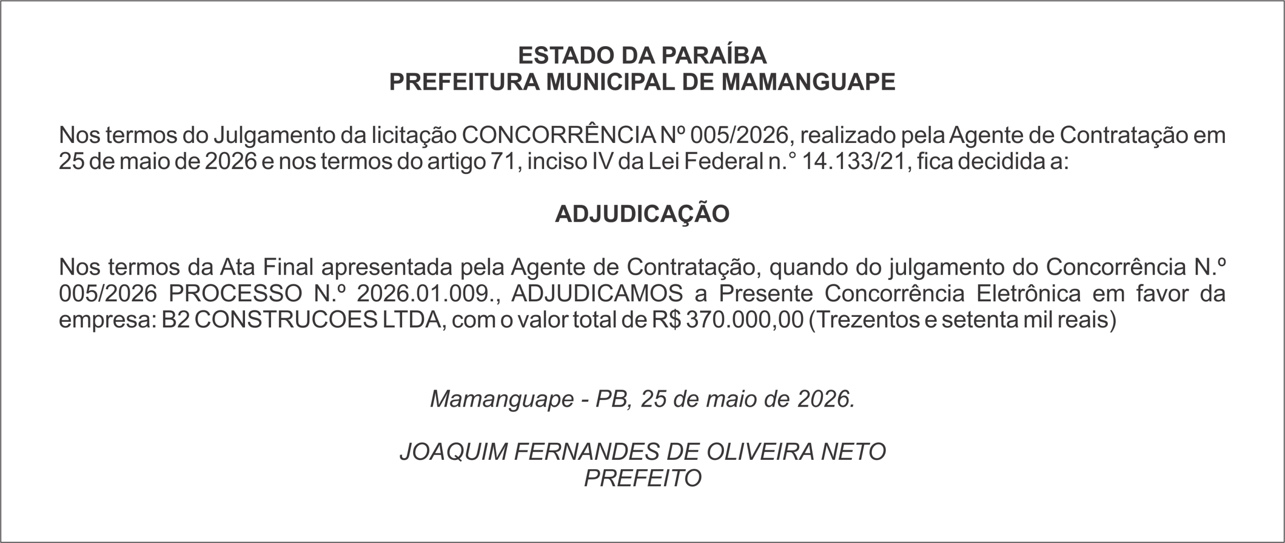 PREFEITURA DE MAMANGUAPE – ADJUDICAÇÃO