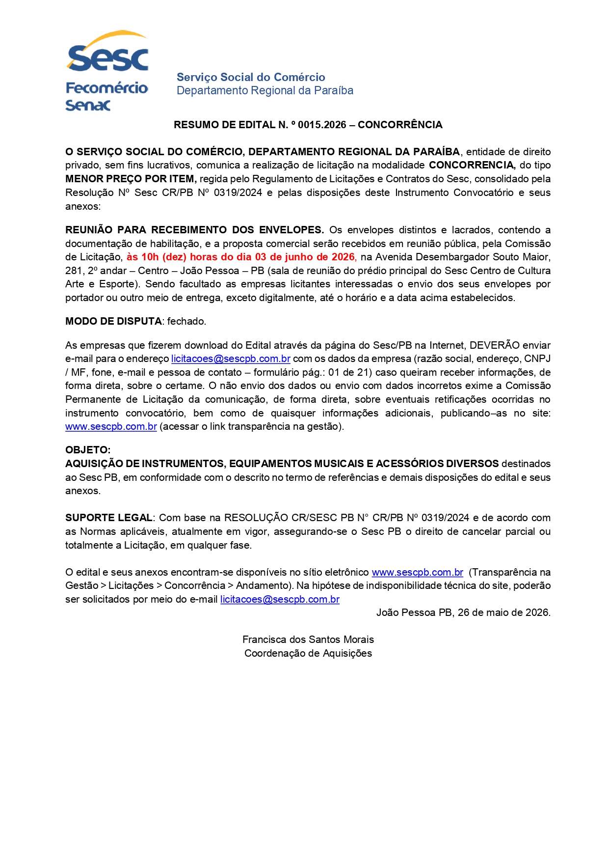 SESC – RESUMO DE EDITAL N. º 0015.2026 – CONCORRÊNCIA