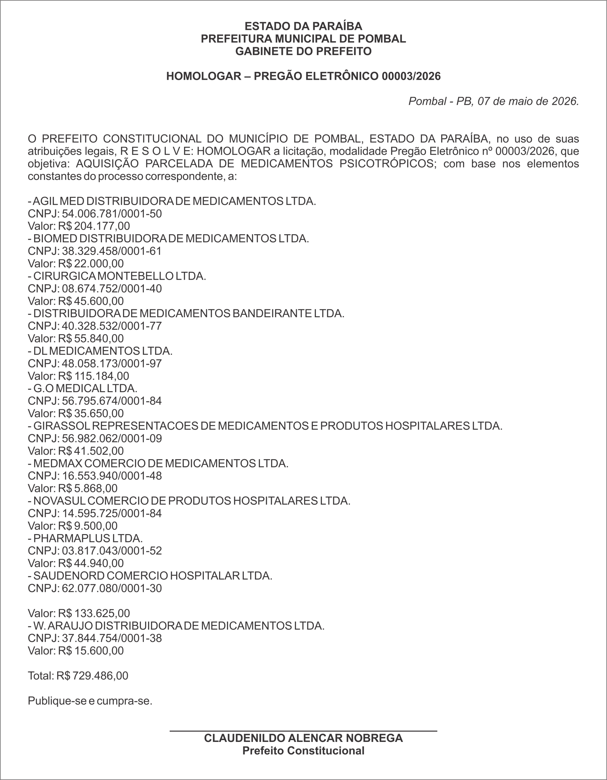 PREFEITURA MUNICIPAL DE POMBAL – HOMOLOGAR – PREGÃO ELETRÔNICO 00003/2026
