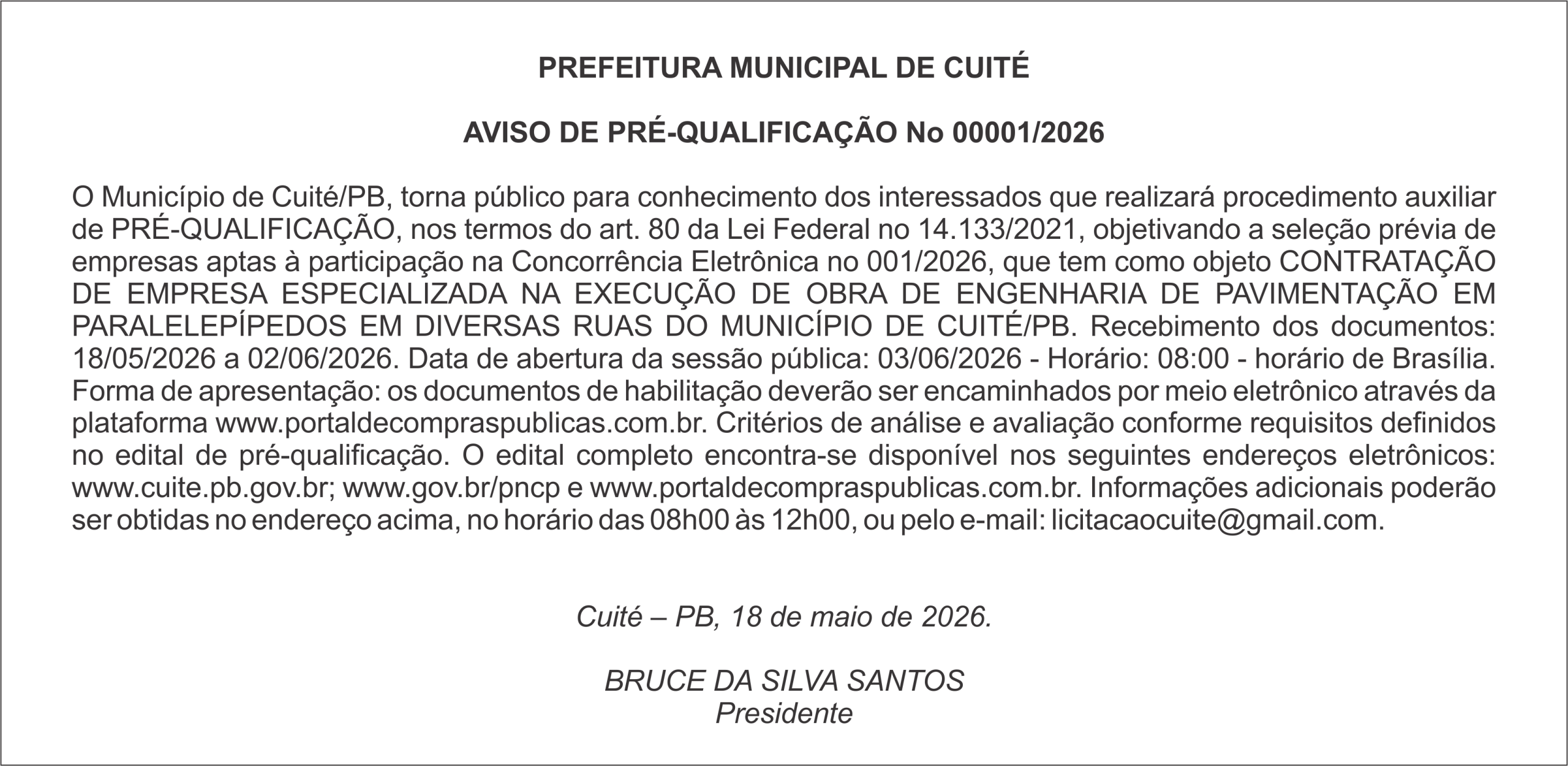 PREFEITURA MUNICIPAL DE CUITÉ – AVISO DE PRÉ-QUALIFICAÇÃO No 00001/2026