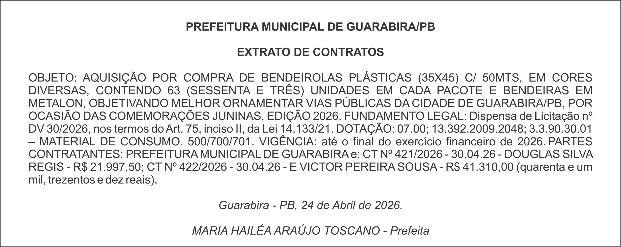 PREFEITURA MUNICIPAL DE GUARABIRA/PB EXTRATO DE CONTRATOS