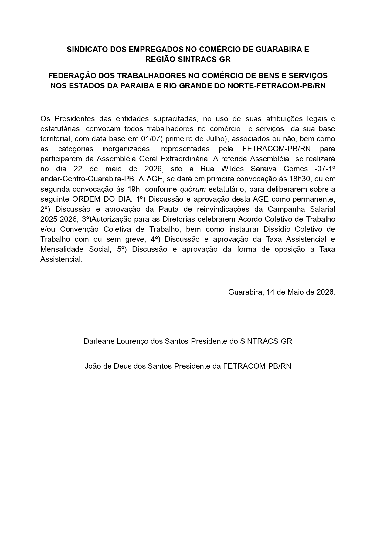 SINTRACOM-VALE – EDITAL DE ASSEMBLEIA GERAL EXTRAORDINÁRIA