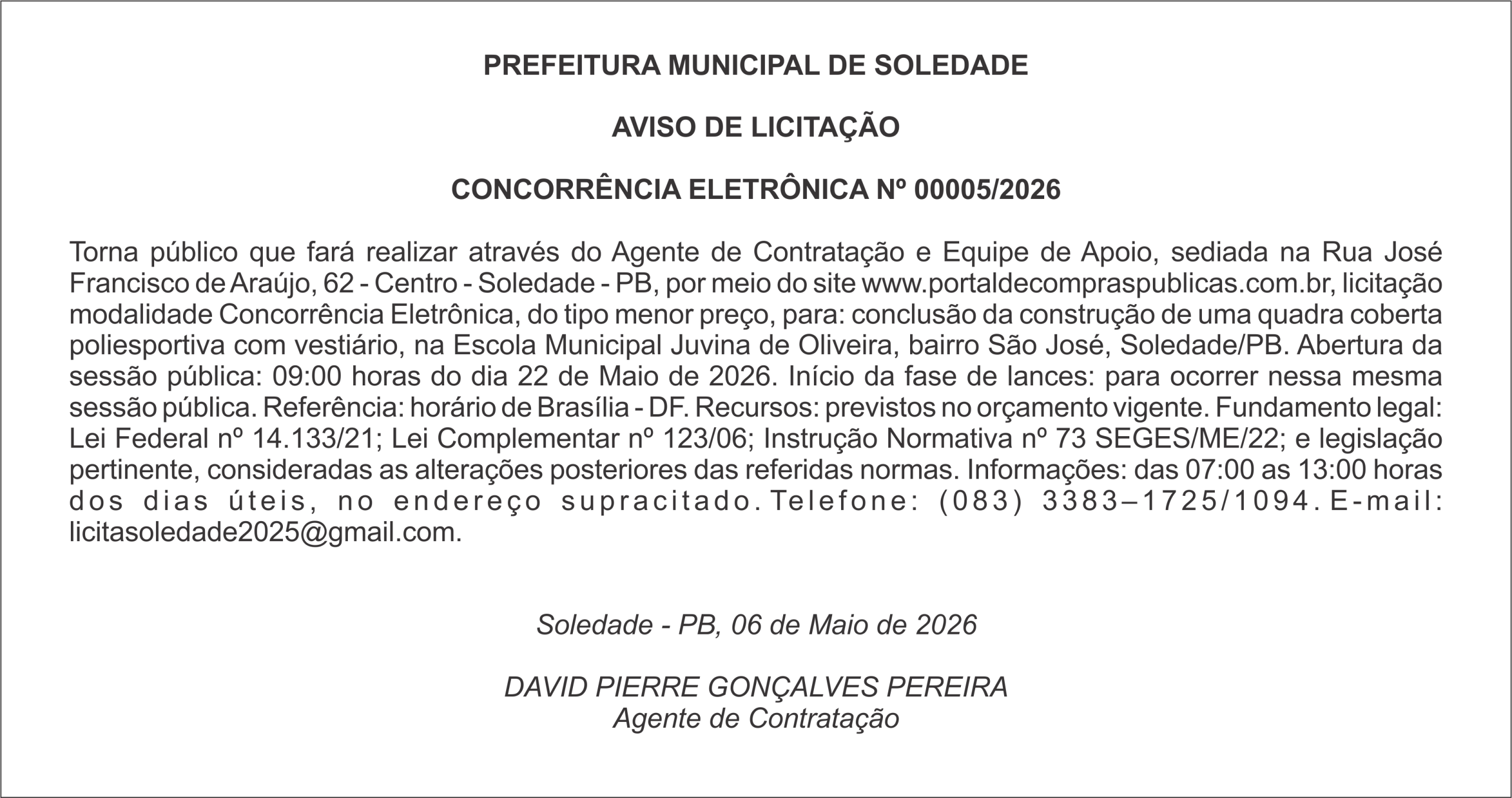 PREFEITURA DE SOLEDADE – AVISO DE LICITAÇÃO – CONCORRÊNCIA ELETRÔNICA Nº 00005/2026