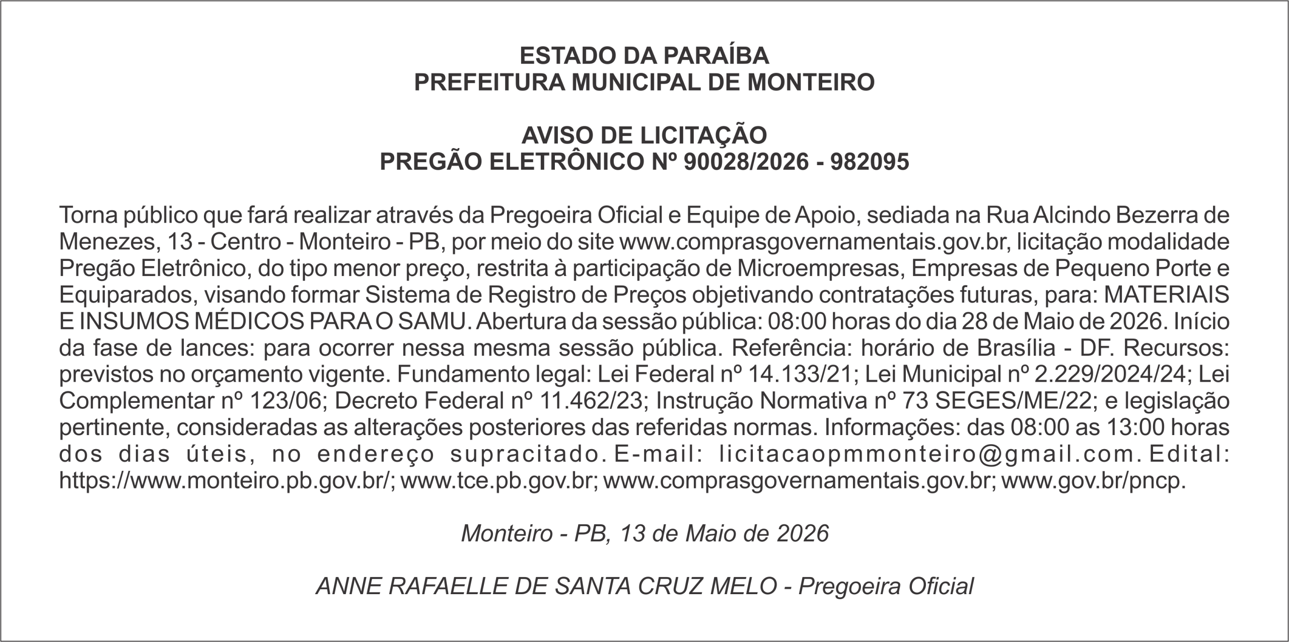 PREFEITURA MUNICIPAL DE MONTEIRO – AVISO DE LICITAÇÃO – PREGÃO ELETRÔNICO Nº 90028/2026 – 982095