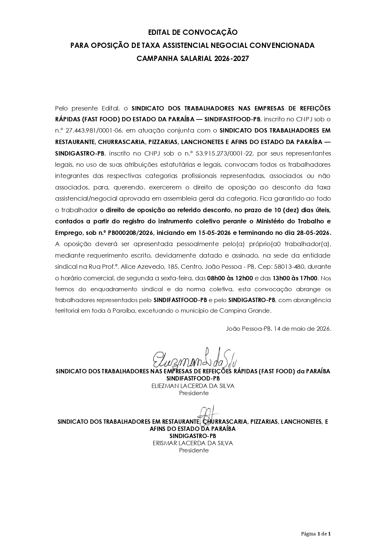 SINDIFASTFOOD-PB – EDITAL DE CONVOCAÇÃO PARA OPOSIÇÃO DE TAXA ASSISTENCIAL NEGOCIAL CONVENCIONADA – CAMPANHA SALARIAL 2026-2027