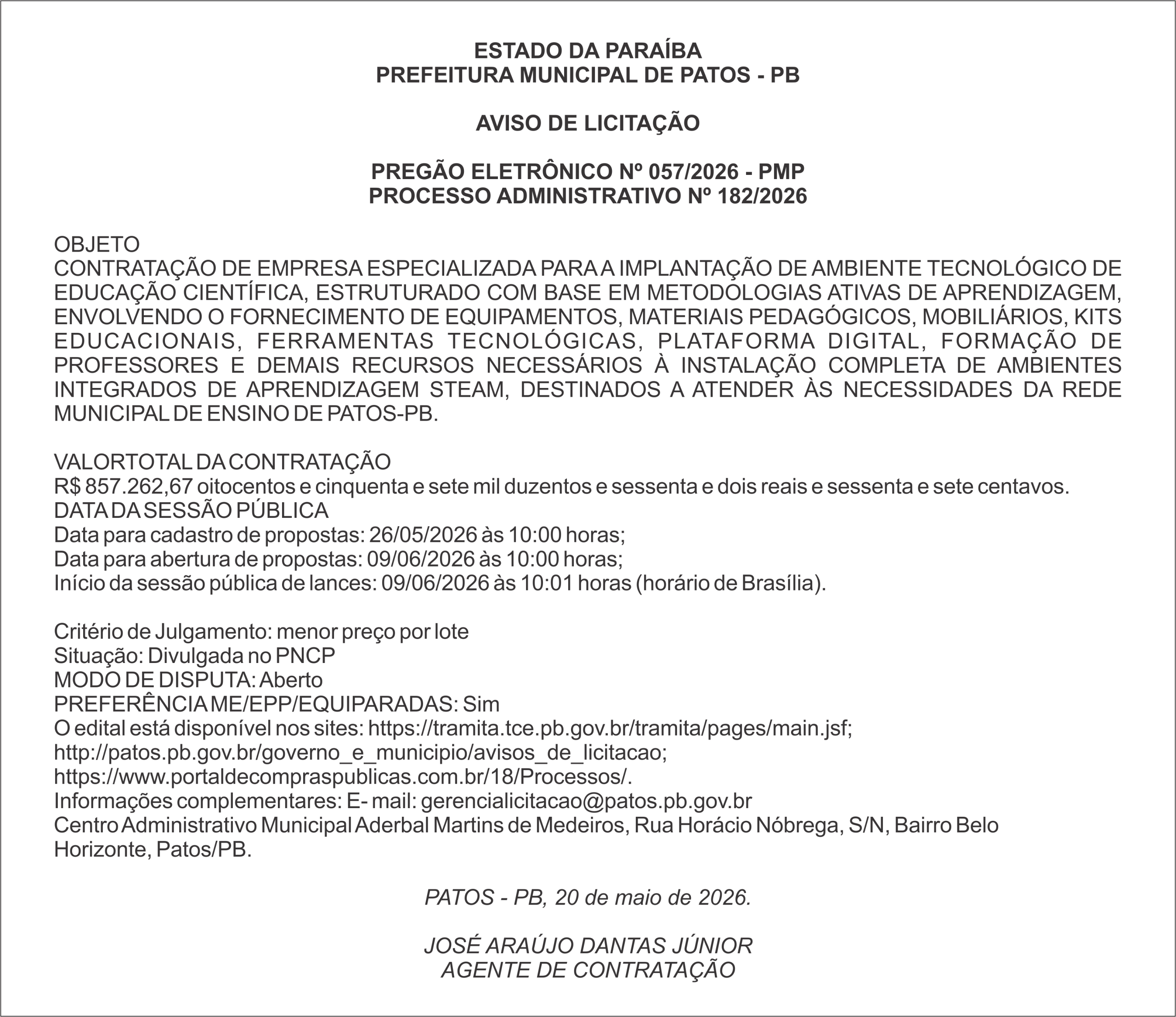 PREFEITURA MUNICIPAL DE PATOS – PB – PREGÃO ELETRÔNICO Nº 057/2026 – PMP