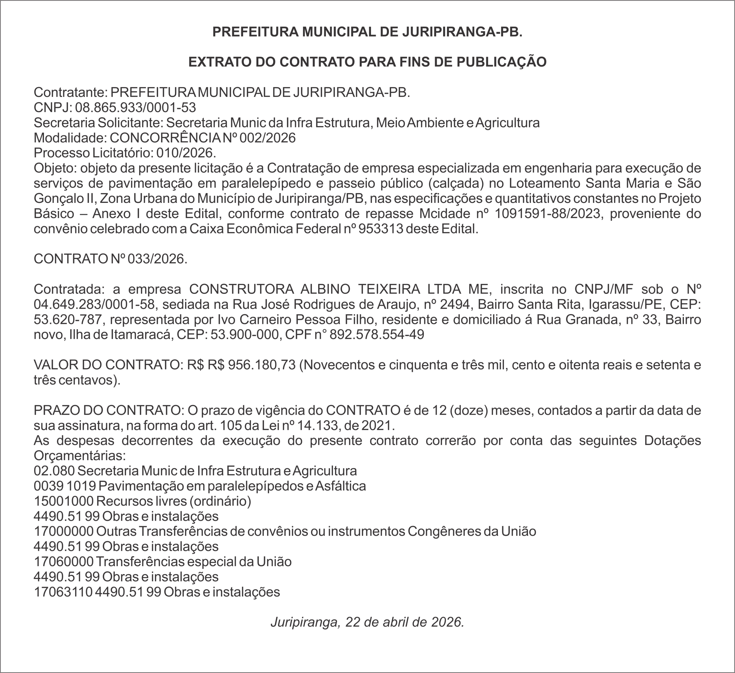 PREFEITURA MUNICIPAL DE JURIPIRANGA-PB – EXTRATO DO CONTRATO PARA FINS DE PUBLICAÇÃO