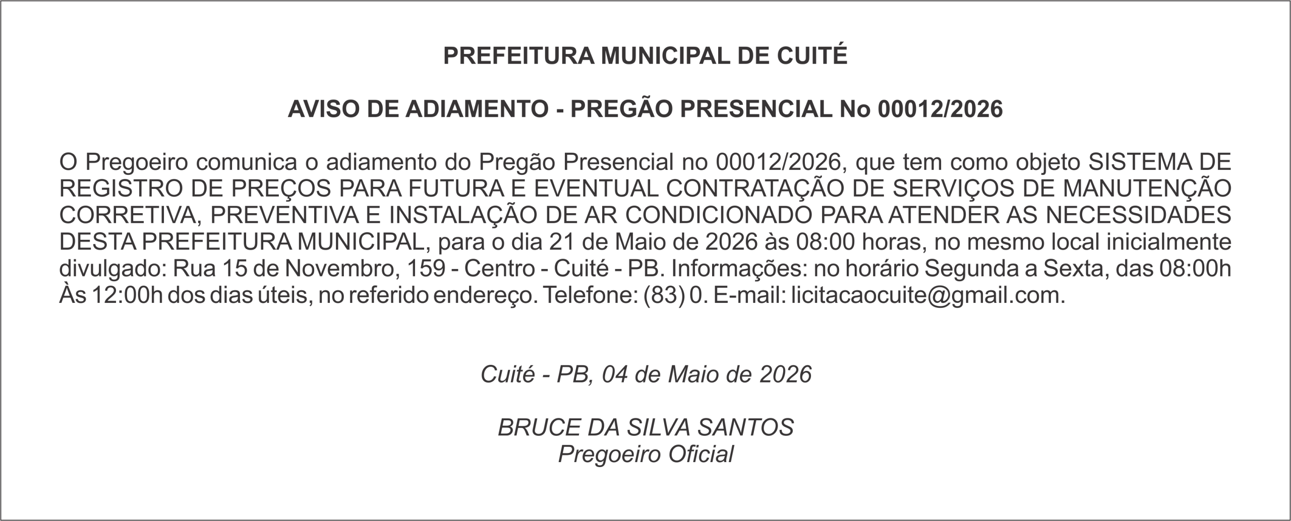 PREFEITURA MUNICIPAL DE CUITÉ – AVISO DE ADIAMENTO – PREGÃO PRESENCIAL No 00012/2026