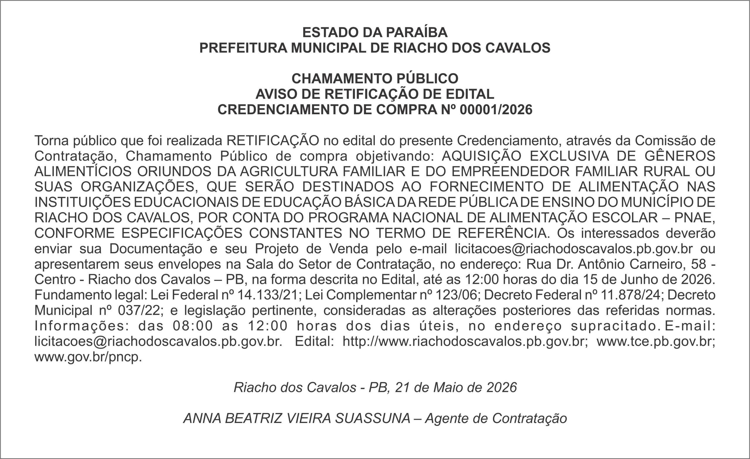 PREFEITURA MUNICIPAL DE RIACHO DOS CAVALOS – CHAMAMENTO PÚBLICO AVISO DE RETIFICAÇÃO DE EDITAL – CREDENCIAMENTO DE COMPRA Nº 00001/2026