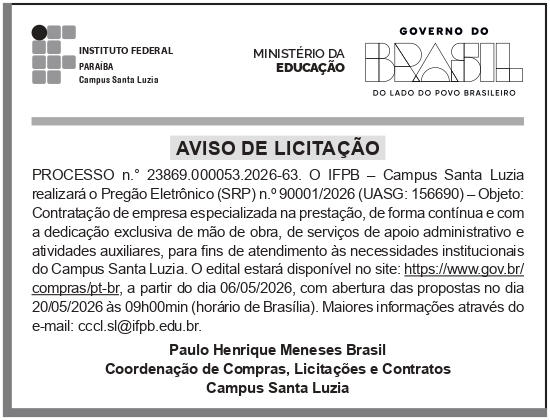 IFPB – PB – PRINCESA ISABEL – CAMPUS – Aviso de Licitação – Pregão Eletrônico n. 90001/2026 – IFPB Campus Santa Luzia