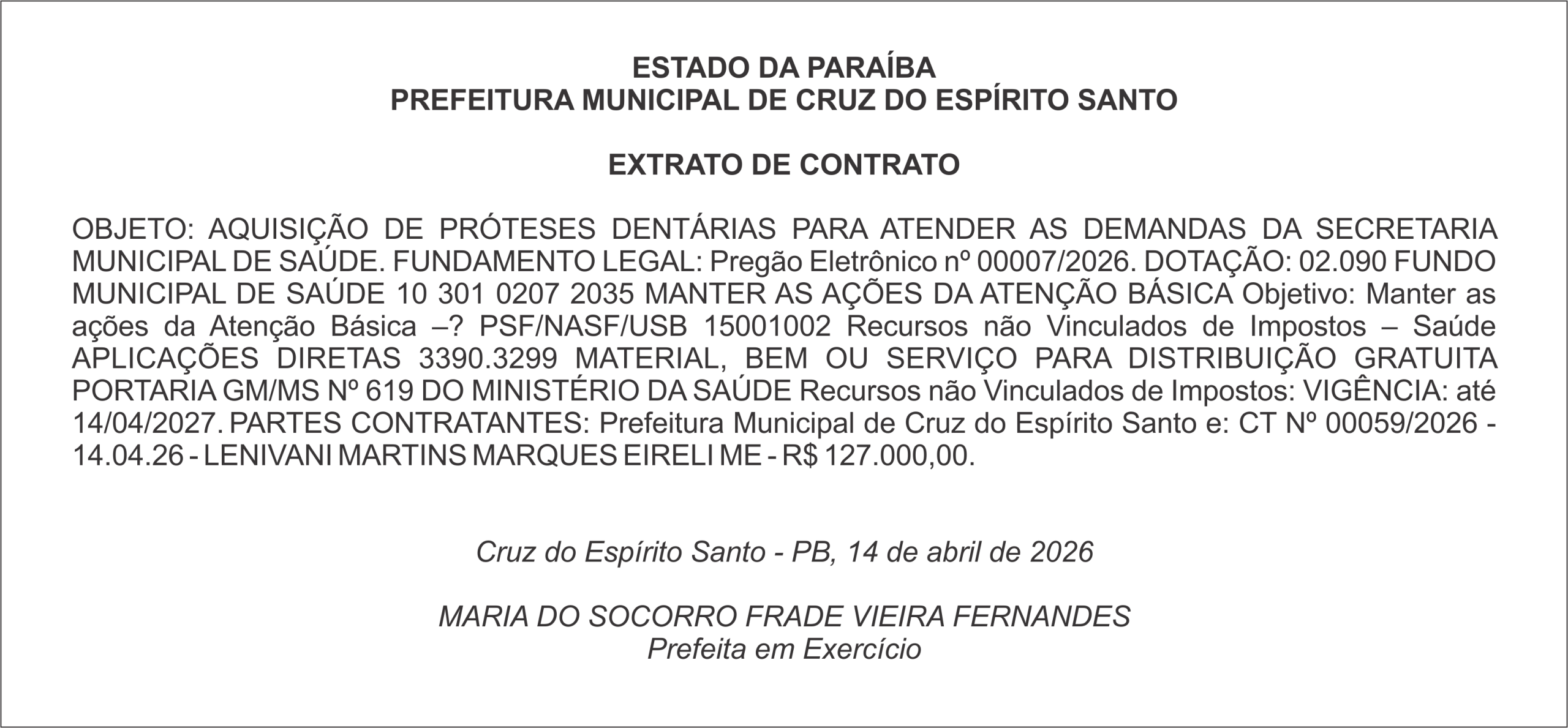 PREFEITURA MUNICIPAL DE CRUZ DO ESPÍRITO SANTO – EXTRATO DE CONTRATO