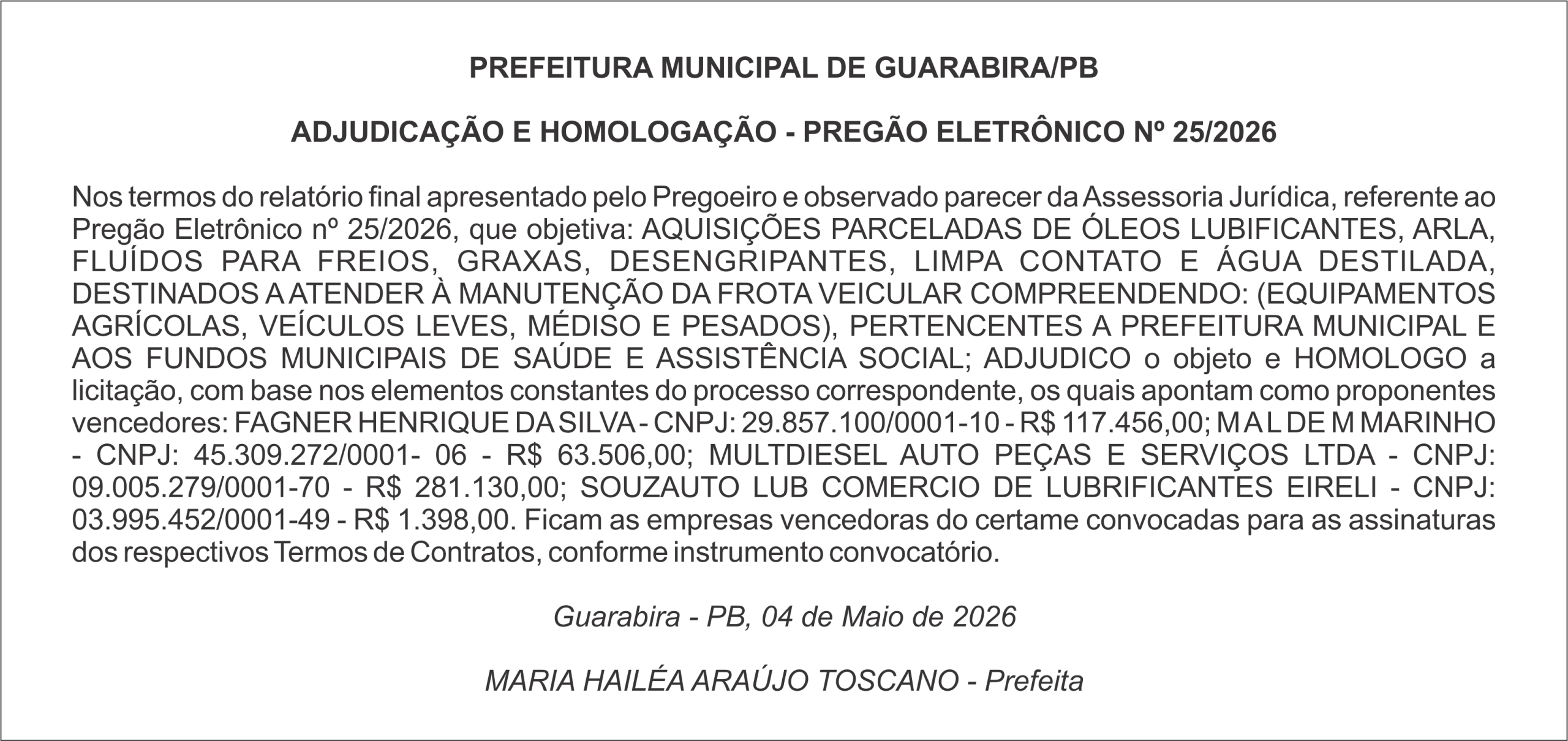 PREFEITURA MUNICIPAL DE GUARABIRA/PB  ADJUDICAÇÃO E HOMOLOGAÇÃO – PREGÃO ELETRÔNICO Nº 25/2026