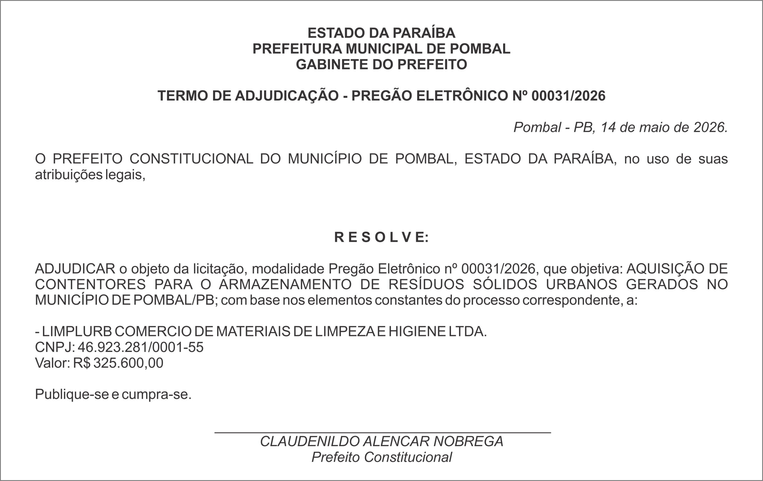 PREFEITURA MUNICIPAL DE POMBAL –  TERMO DE ADJUDICAÇÃO – PREGÃO ELETRÔNICO Nº 00031/2026