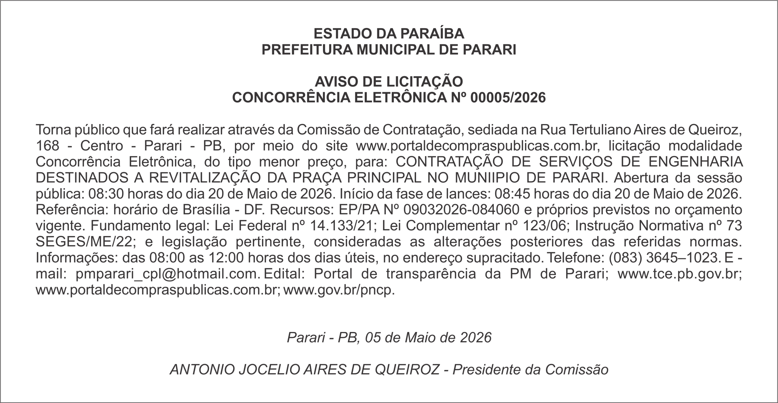 PREFEITURA MUNICIPAL DE PARARI – AVISO DE LICITAÇÃO CONCORRÊNCIA ELETRÔNICA Nº 00005/2026
