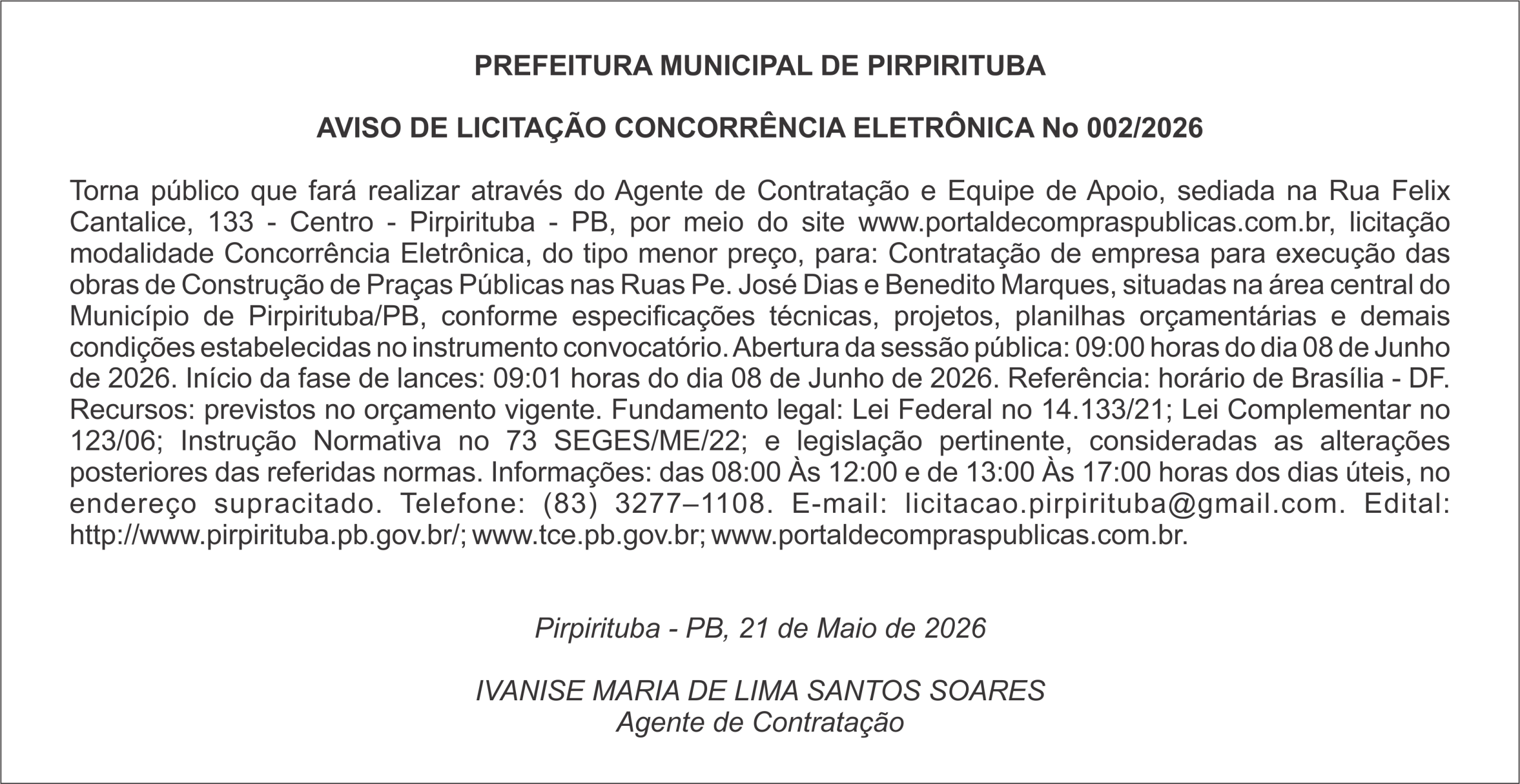 PREFEITURA MUNICIPAL DE PIRPIRITUBA – AVISO DE LICITAÇÃO CONCORRÊNCIA ELETRÔNICA No 002/2026