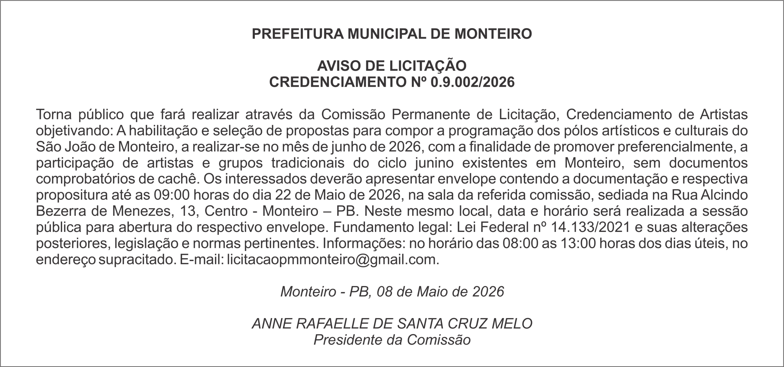 PREFEITURA MUNICIPAL DE MONTEIRO – AVISO DE LICITAÇÃO – CREDENCIAMENTO Nº 0.9.002/2026