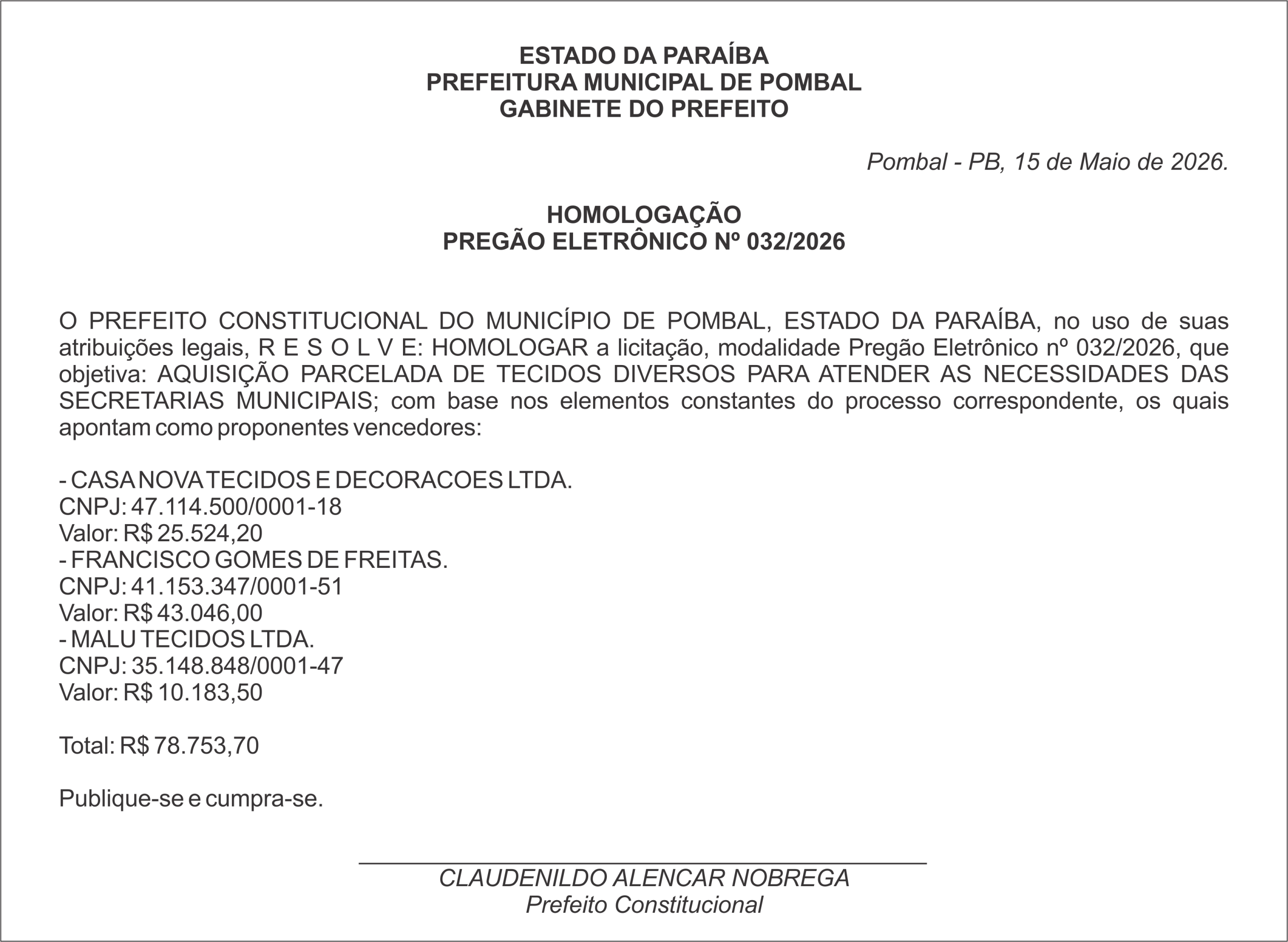 PREFEITURA MUNICIPAL DE POMBAL – HOMOLOGAÇÃO PREGÃO ELETRÔNICO Nº 032/2026