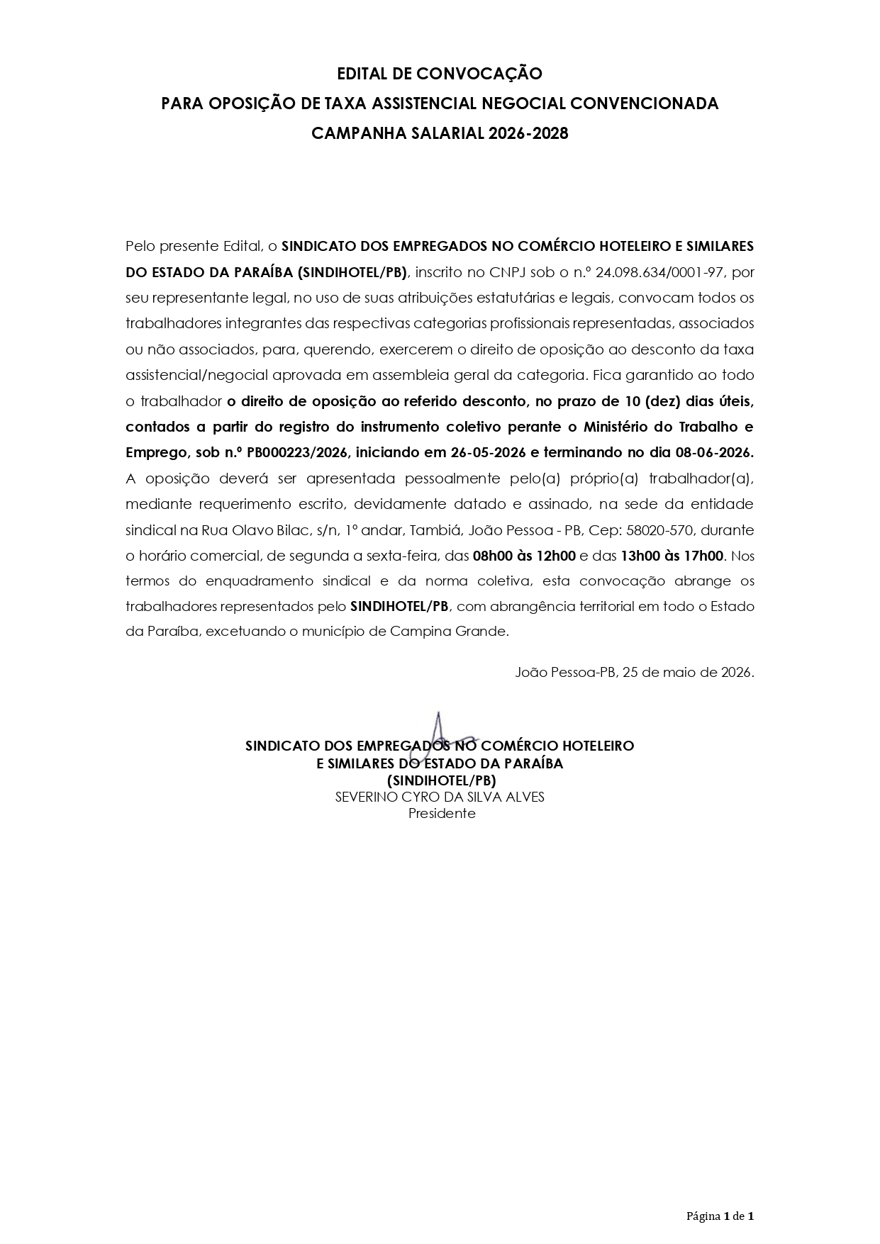 SINDIHOTEL/PB – EDITAL DE CONVOCAÇÃO  PARA OPOSIÇÃO DE TAXA ASSISTENCIAL NEGOCIAL CONVENCIONADA  CAMPANHA SALARIAL 2026-2028