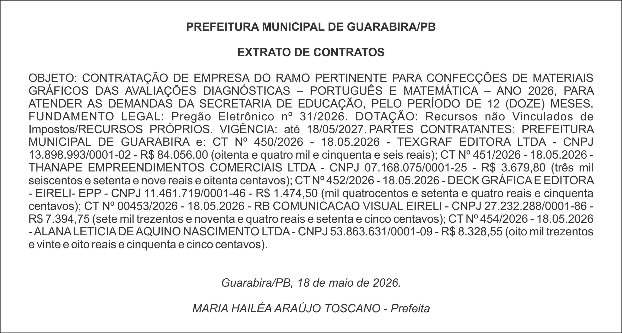 PREFEITURA MUNICIPAL DE GUARABIRA/PB  EXTRATO DE CONTRATOS