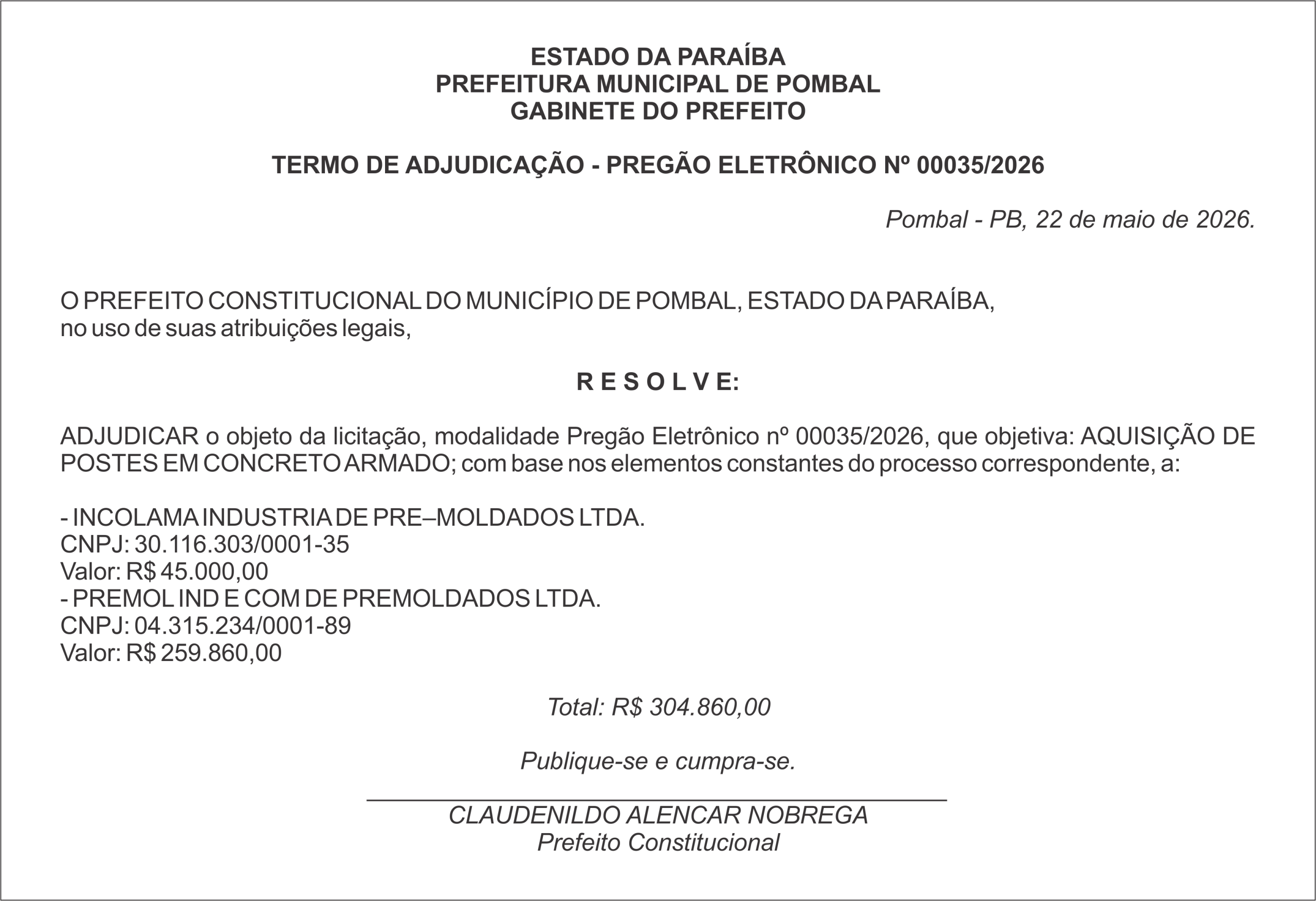 PREFEITURA MUNICIPAL DE POMBAL – TERMO DE ADJUDICAÇÃO – PREGÃO ELETRÔNICO Nº 00035/2026