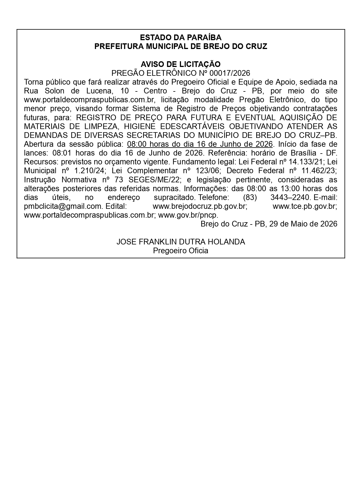 PREFEITURA MUNICIPAL DE BREJO DO CRUZ AVISO DE LICITAÇÃO PREGÃO ELETRÔNICO Nº 00017/2026