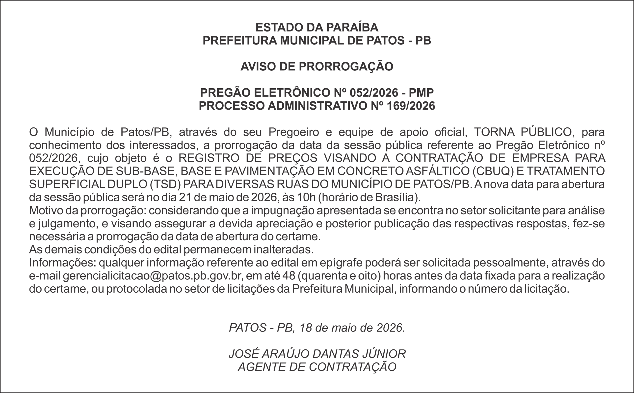 PREFEITURA MUNICIPAL DE PATOS – PB – PREGÃO ELETRÔNICO Nº 052/2026 – PMP