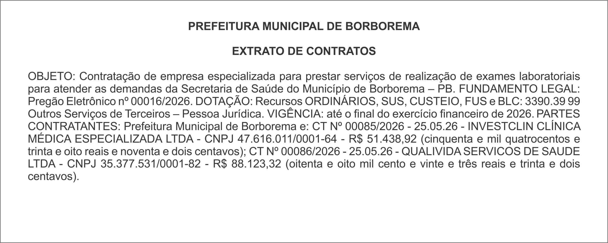 PREFEITURA MUNICIPAL DE BORBOREMA – EXTRATO DE CONTRATOS