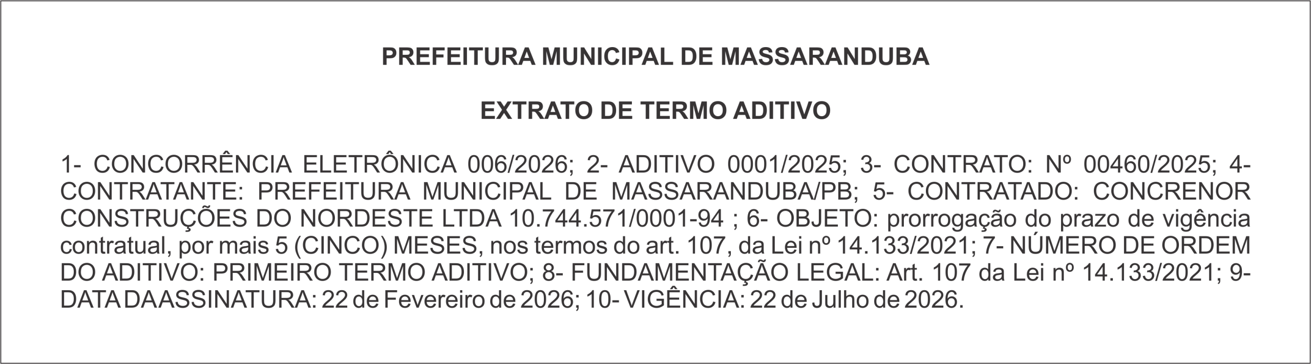 PREFEITURA DE MASSARANDUBA  – EXTRATO DE TERMO ADITIVO