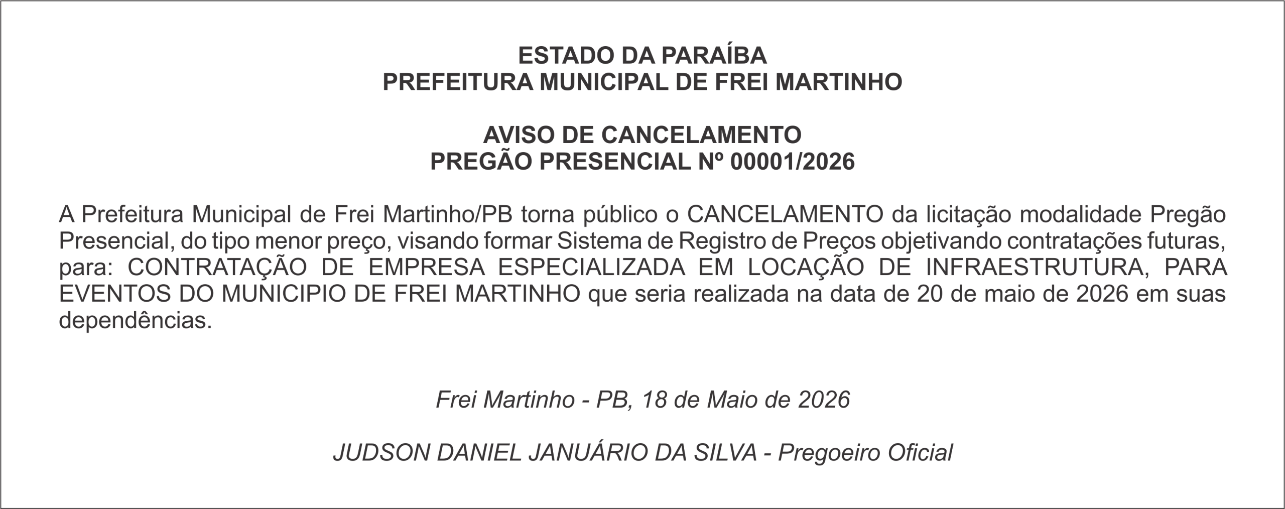 PREFEITURA MUNICIPAL DE FREI MARTINHO – AVISO DE CANCELAMENTO PREGÃO PRESENCIAL Nº 00001/2026
