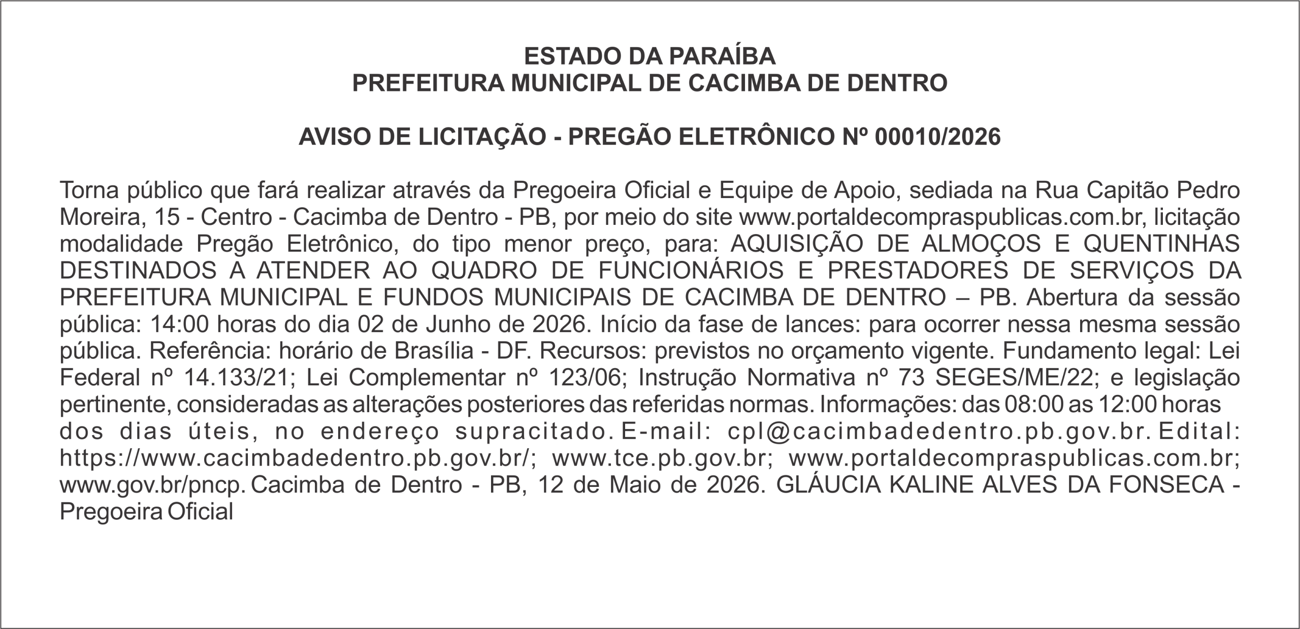 PREFEITURA MUNICIPAL DE CACIMBA DE DENTRO  AVISO DE LICITAÇÃO – PREGÃO ELETRÔNICO Nº 00010/2026