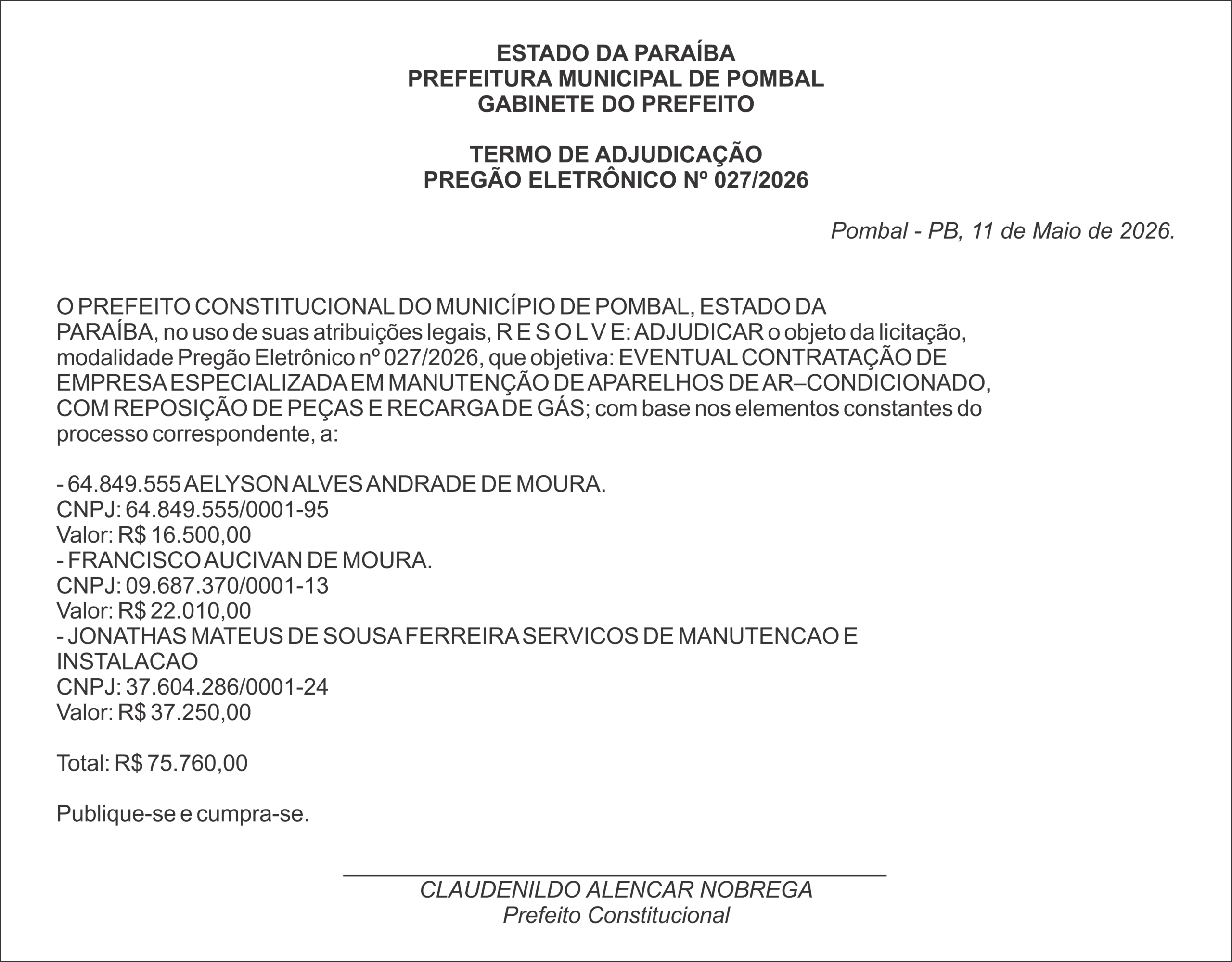 PREFEITURA MUNICIPAL DE POMBAL – TERMO DE ADJUDICAÇÃO