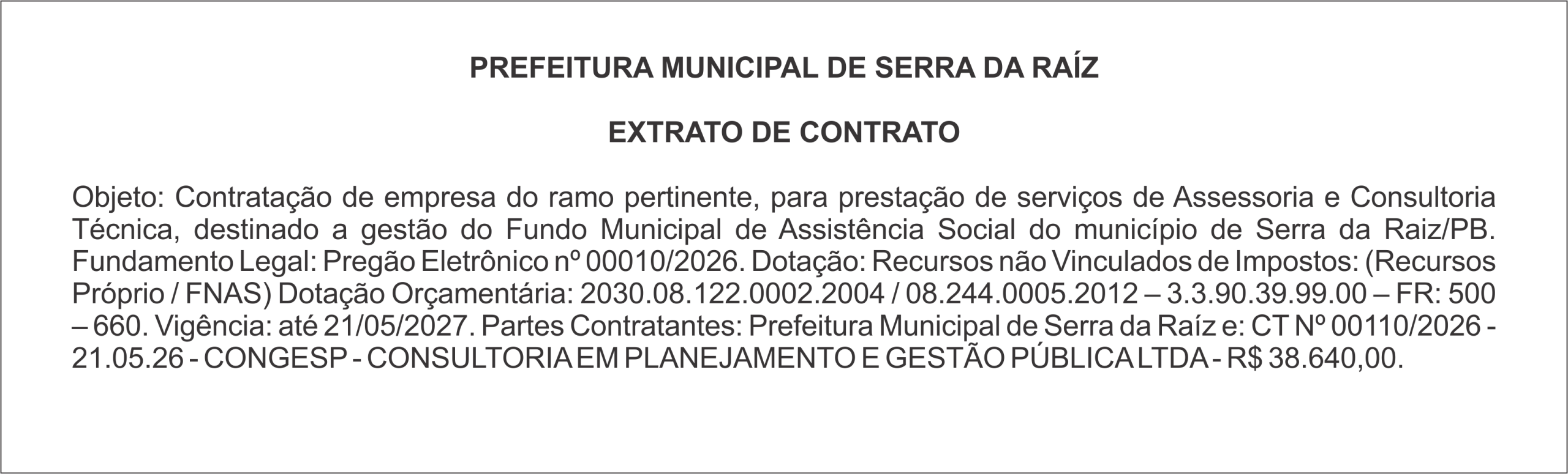PREFEITURA MUNICIPAL DE SERRA DA RAÍZ  – EXTRATO DE CONTRATO