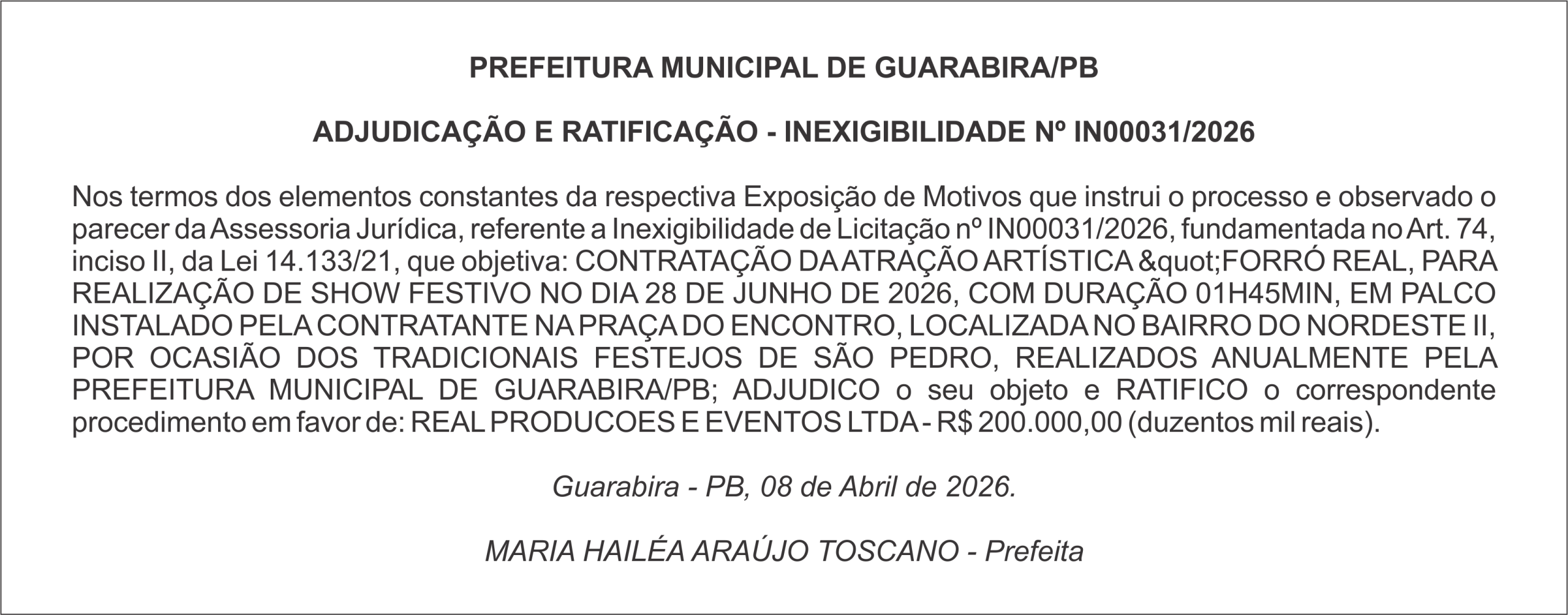 PREFEITURA MUNICIPAL DE GUARABIRA/PB ADJUDICAÇÃO E RATIFICAÇÃO – INEXIGIBILIDADE Nº IN00031/2026